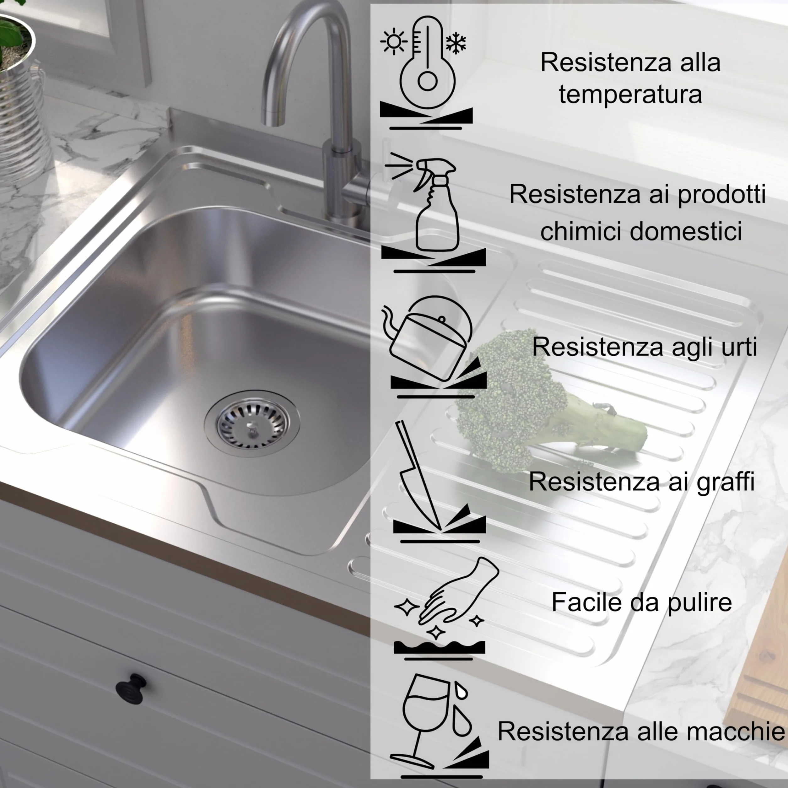 QUADRON Lavello in acciaio inox | dimensione 80 cm colore: sinistro | ROBIN lavello da cucina | scarico incluso | lavello in acciaio inox adatto a mobile da 80 cm | sovrapposizione (SINISTRA)