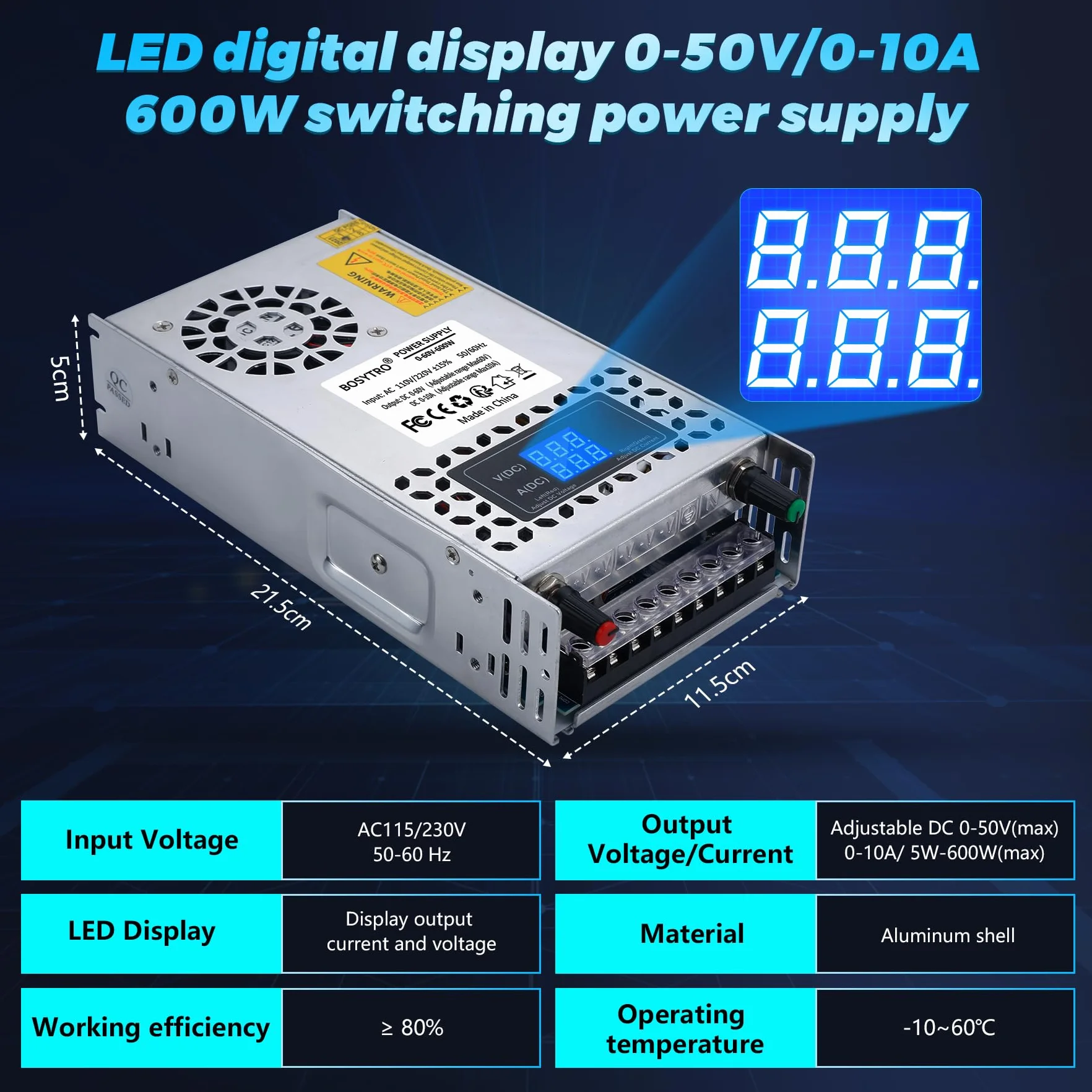 Regolabile Trasformatore AC110/220V DC 0-60V 0-10A 600W tensione display digitale Alimentazione switching regolata DC Adatto per motori di controllo della velocità,sistemi di stampanti 3D