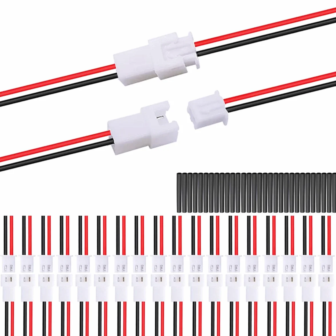 20 paia di cavi JST XH da 2,54 mm a 2 pin maschio e femmina con cavo connettore UL1007 22AWG 100 mm, rosso e nero, tubo termorestringente per minuscole prese terminali batteria drone luce