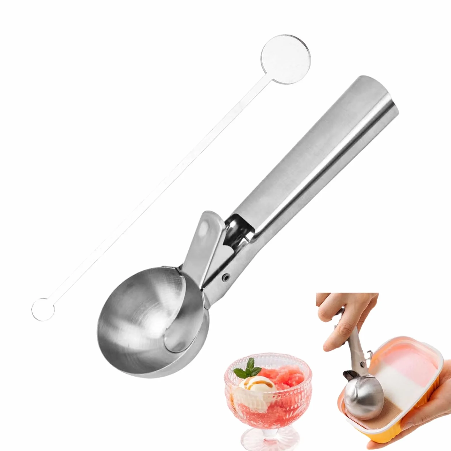 Porzionatore per Gelato 4.8cm,Cucchiaio Porzionatore Paletta,Cucchiaio per Gelato in Acciaio Inox,Con 18cm Bastoncini per Cocktail,Per Palla Gelato,Polpette Di Carne,Palla Melone,Cottura