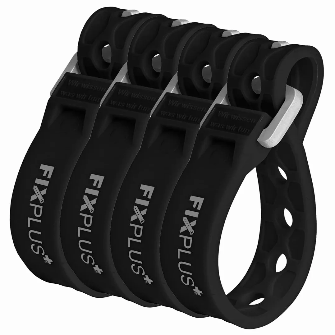 Fixplus Set di 4 cinghie Nano Slim Fit – Cinghia di ancoraggio per fissare, fissare, fasciare e fissare, in plastica speciale con fibbia in alluminio 15 cm x 1,2 cm (nero)