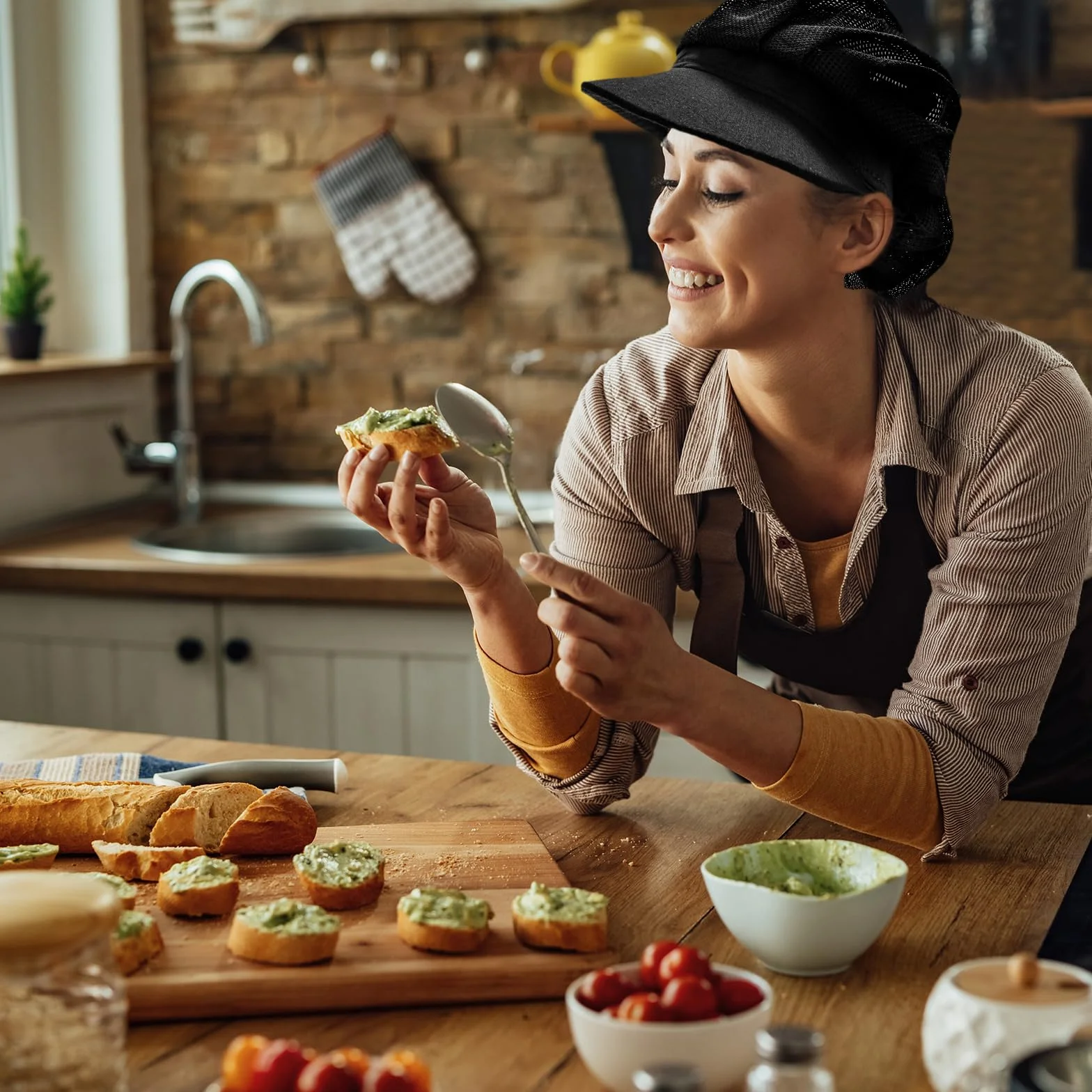 Telooco 2 Pezzi Cappello da Cuoco Regolabile Traspirante Nero con Tesa per Ristorante Chef