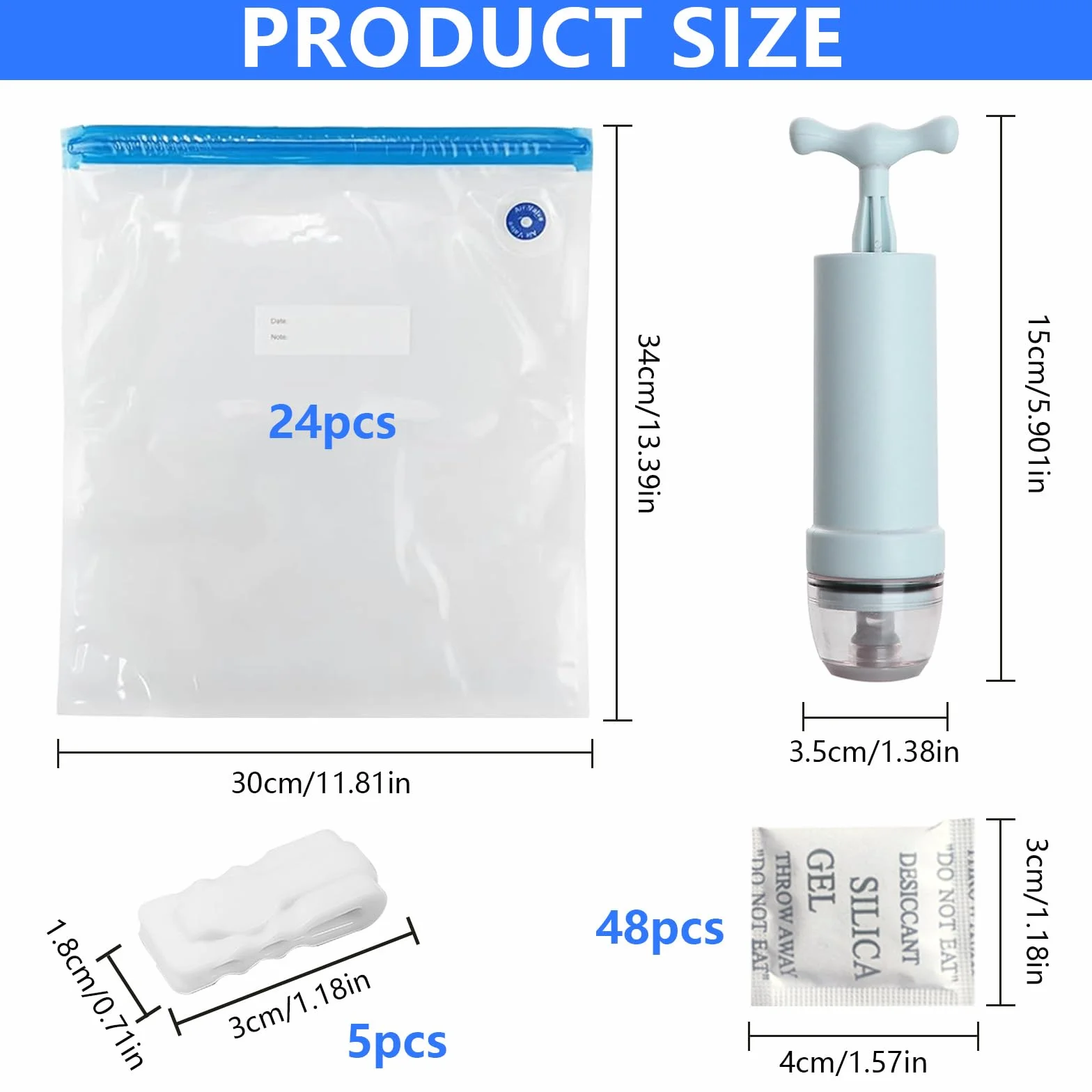 YOUNGSAY 24 Sacchetti Sottovuoto per Filamenti 3D + 48 Essiccante, 34 x 30cm Sacchetti Sottovuoto per Filamenti per Stampante 3D con Pompa Manuale e Clip di Tenuta per PLA ABS PETG TPU