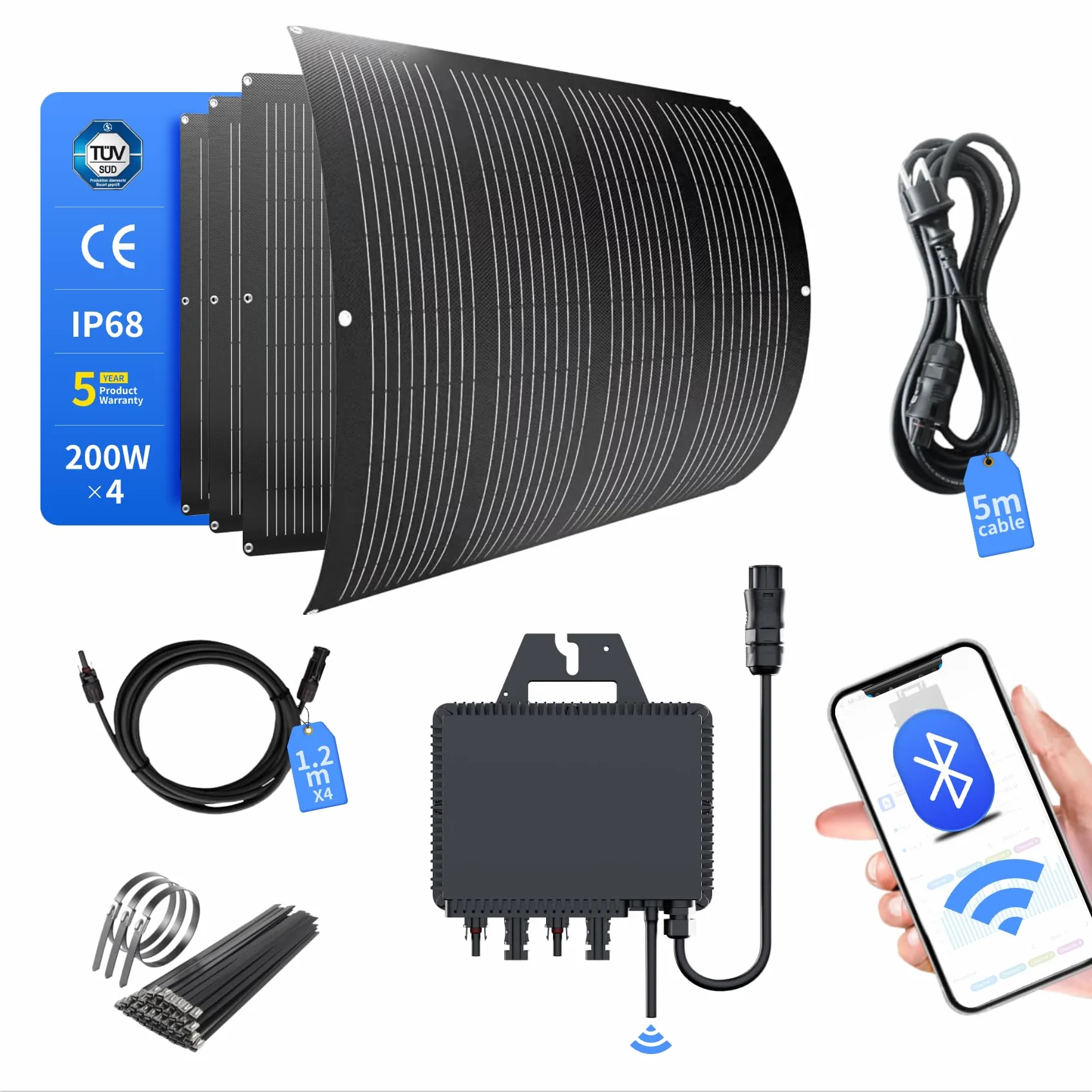 RC 800W - Set centrale elettrica da balcone con supporto, 200W, pannelli solari flessibili – 800W con inverter WiFi, sistema fotovoltaico completo con presa