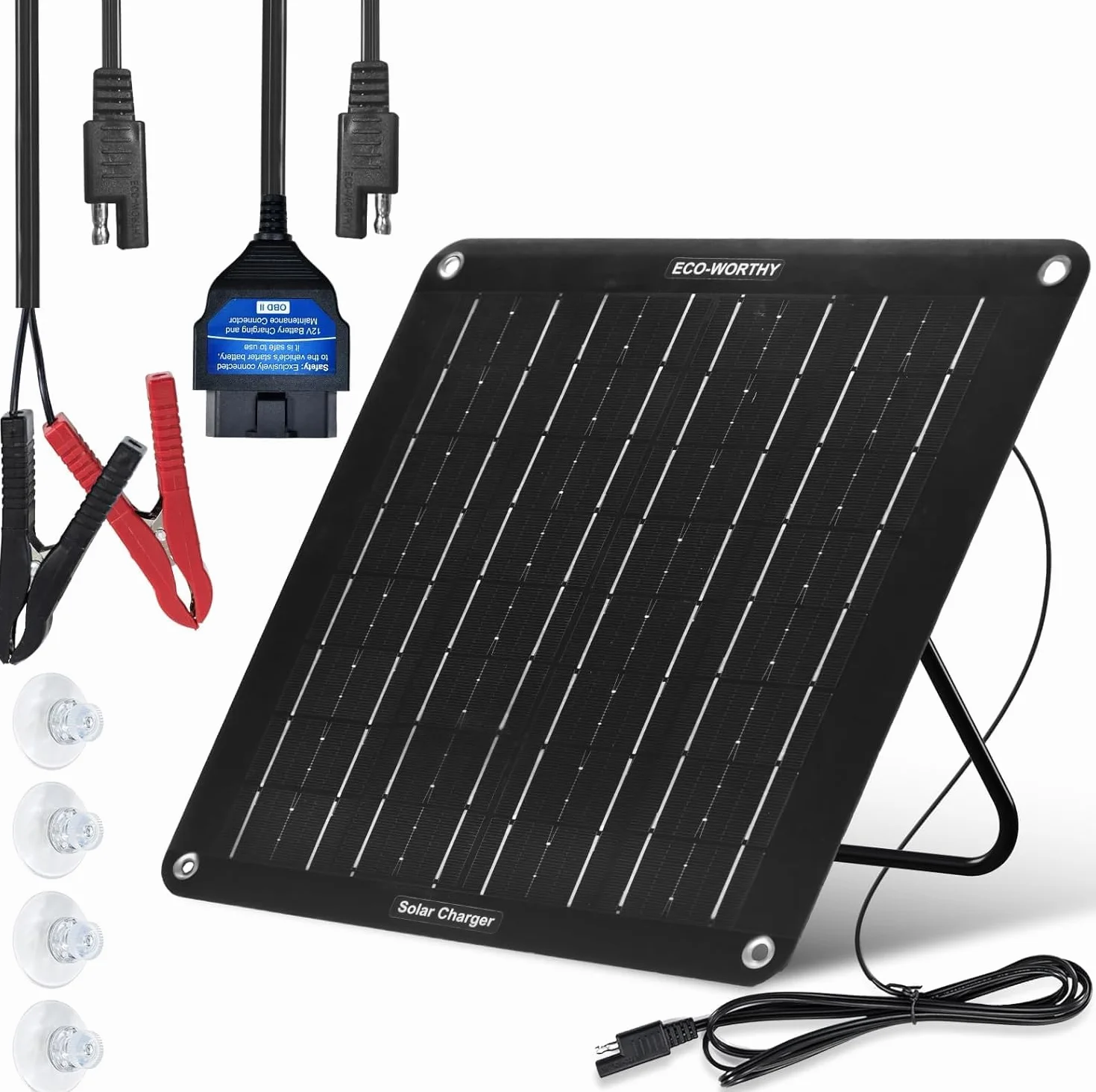ECO-WORTHY Caricabatteria Solare OBDII 10W Aggiornato - Pannello Solare Mono Impermeabile da 12V con Supporto Portatile per Auto, Camion, Barche, Tosaerba, Camper, Roulotte