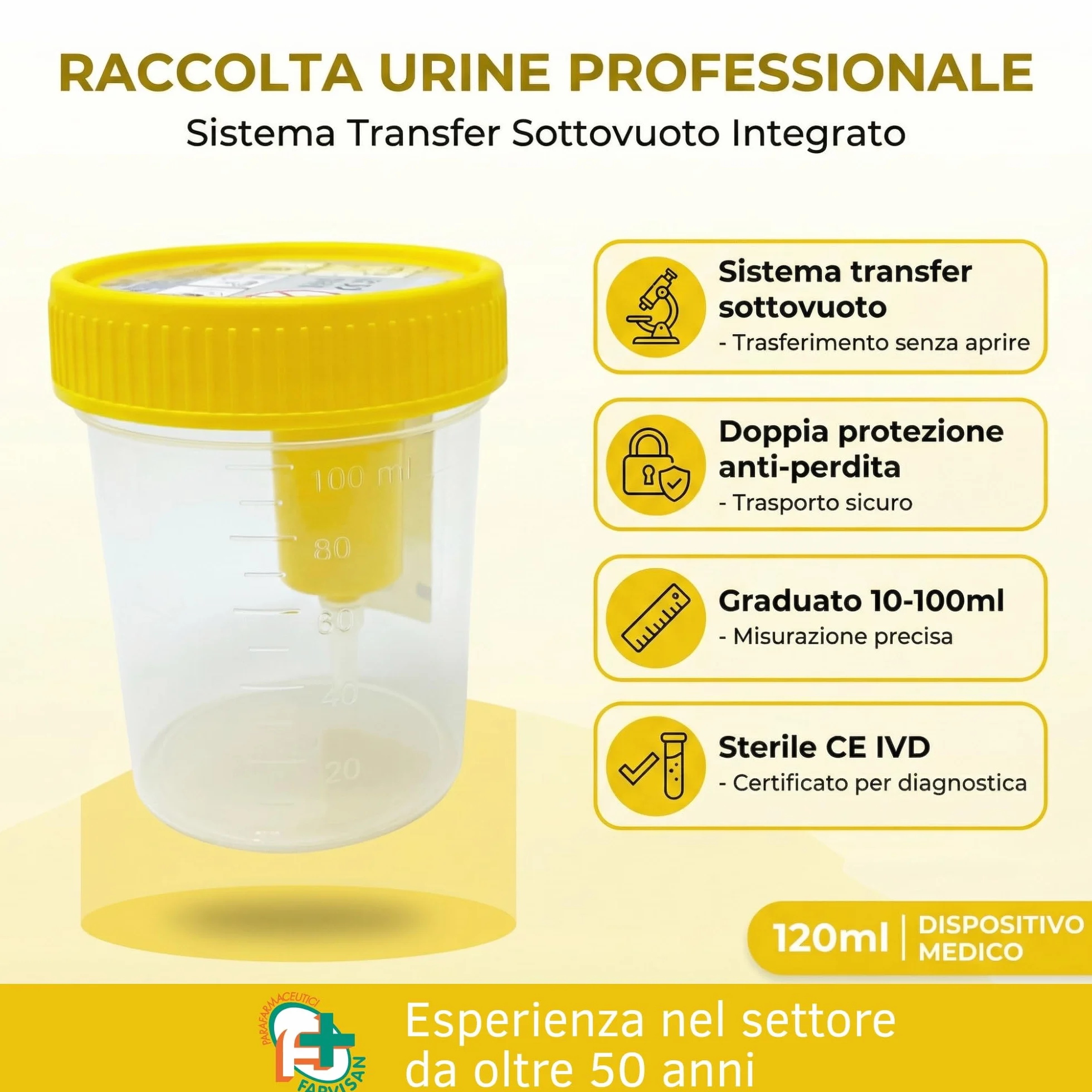Contenitore Urine per Analisi e Urinocoltura Graduato Dispositivo Medico Farvisan (4 Contenitori Urina)