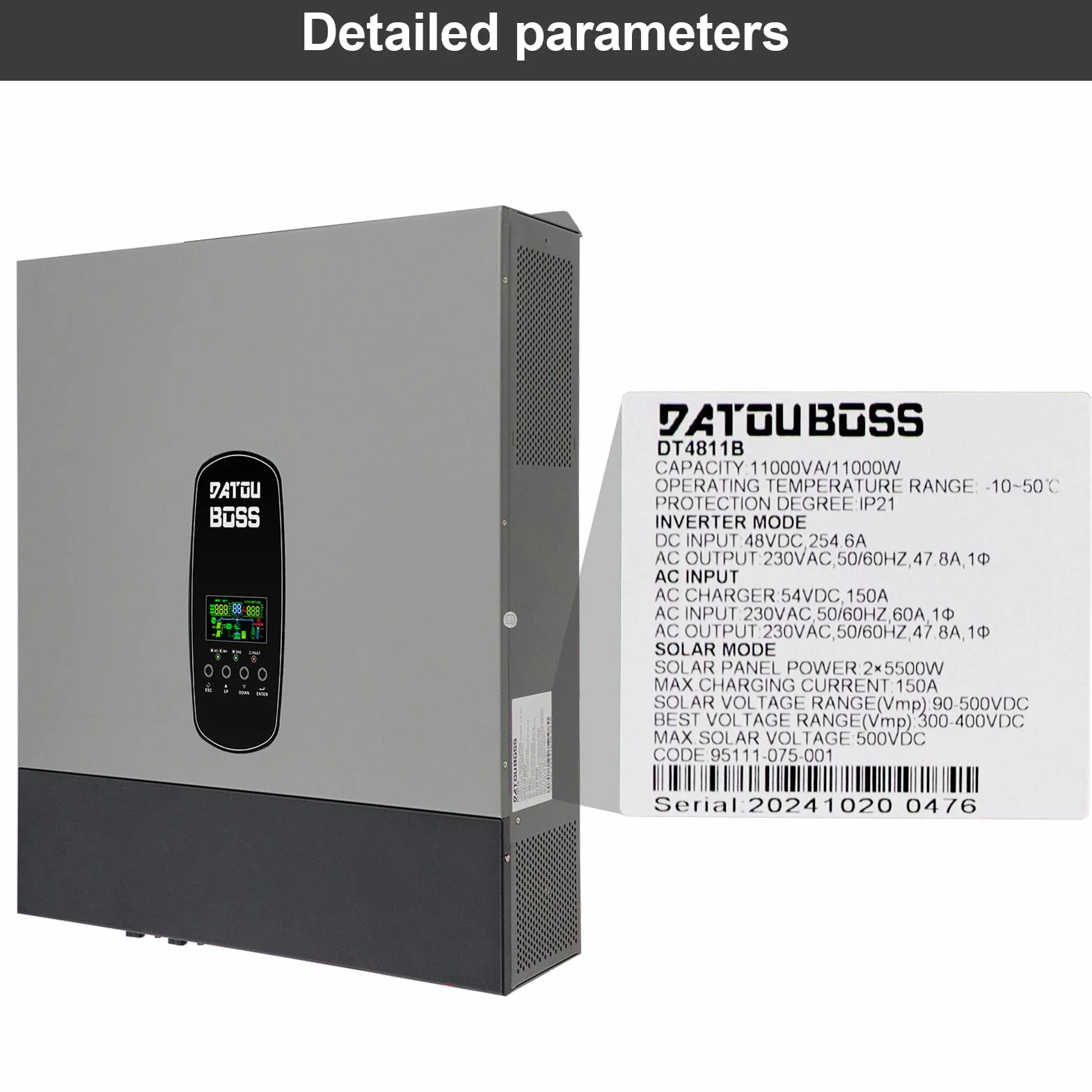 DATOUBOSS Inverter solare ibrido da 11 KW, 48 V, inverter sinusoidale puro con regolatore di carica solare da 150 A, supporta funzionamento senza batteria, sistema di protezione BMS, per batterie al