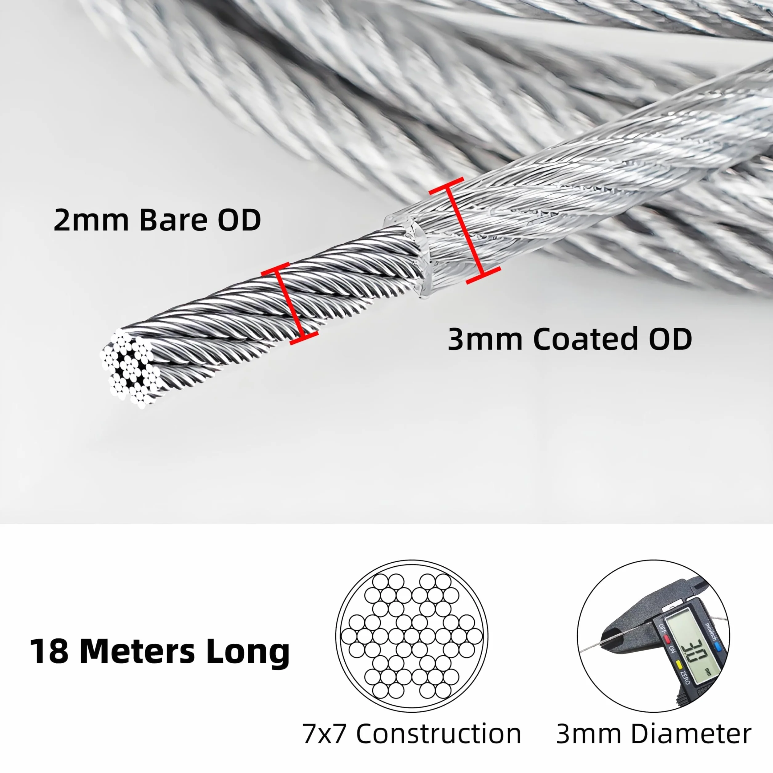 18m 3mm Cavo Acciaio Inox 304, Fune in Filo Acciaio Rivestito PVC, Nucleo 7 x 7, Corda Metallica in Acciaio
