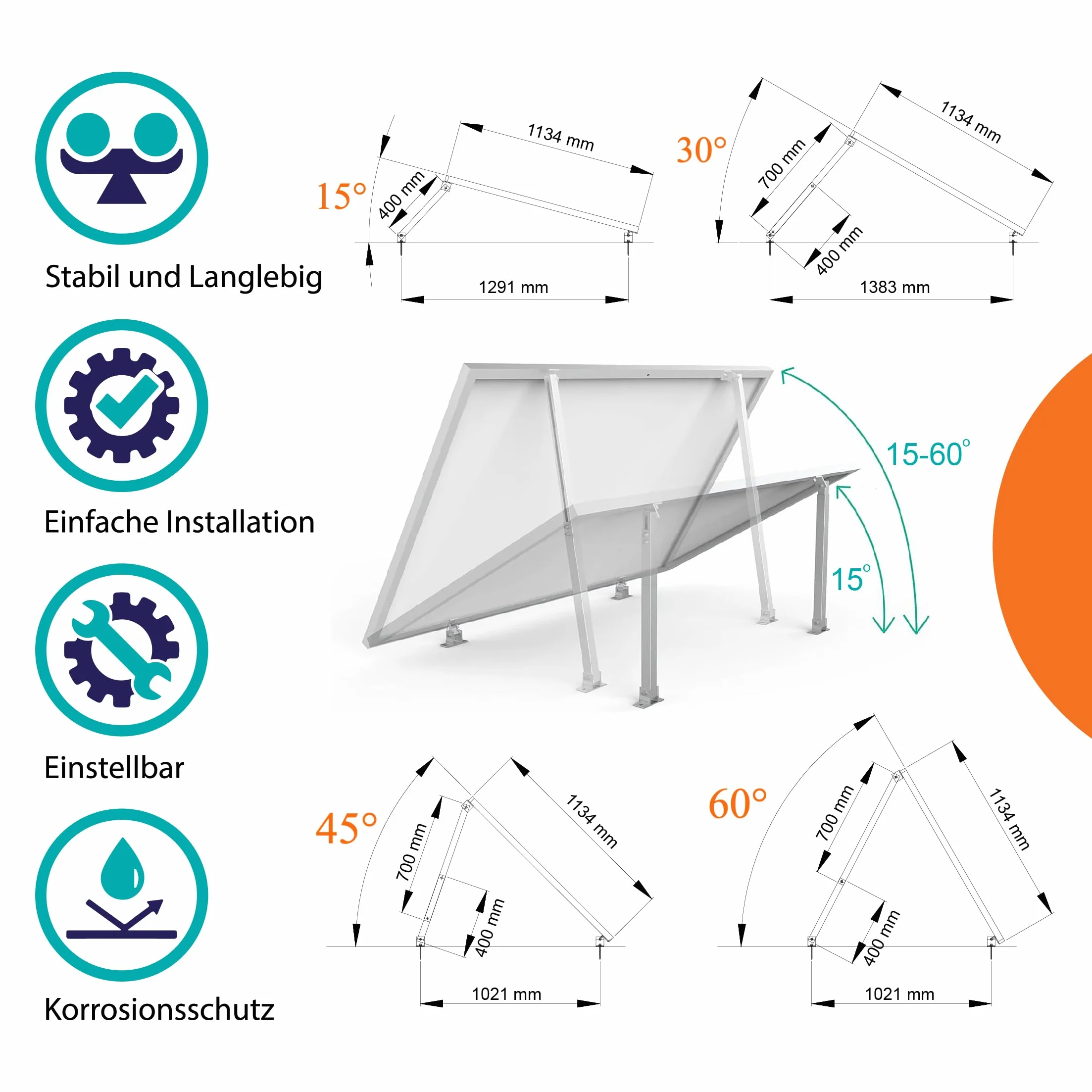 SAVOLAR Supporto per Pannello Solare Angolo Regolabile 15-60° 50-100cm per Balcone Tetto Piatto