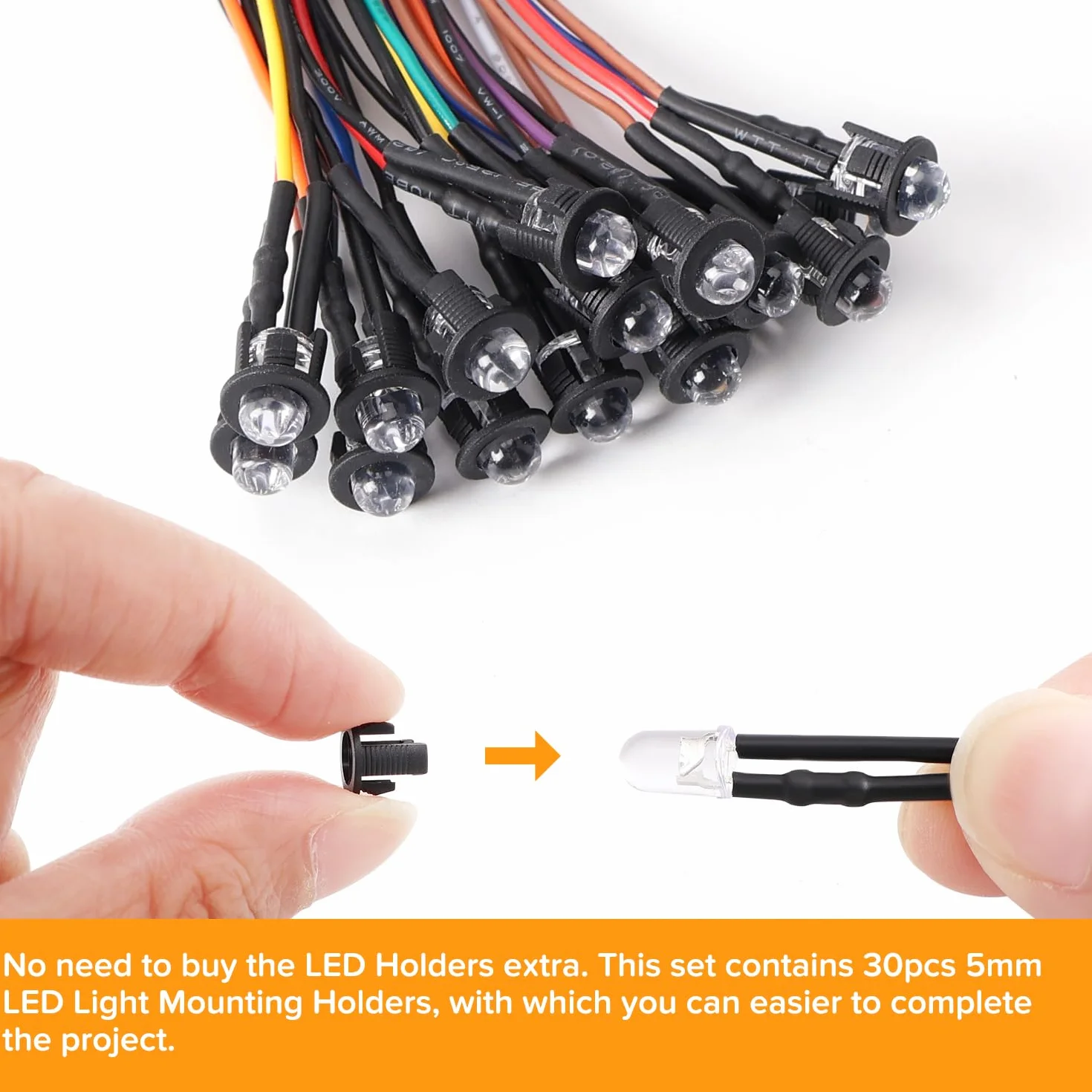 50 Pezzi 5mm 12V Diodo LED Precablata 20cm con Supporto Plastica, 10 Colori