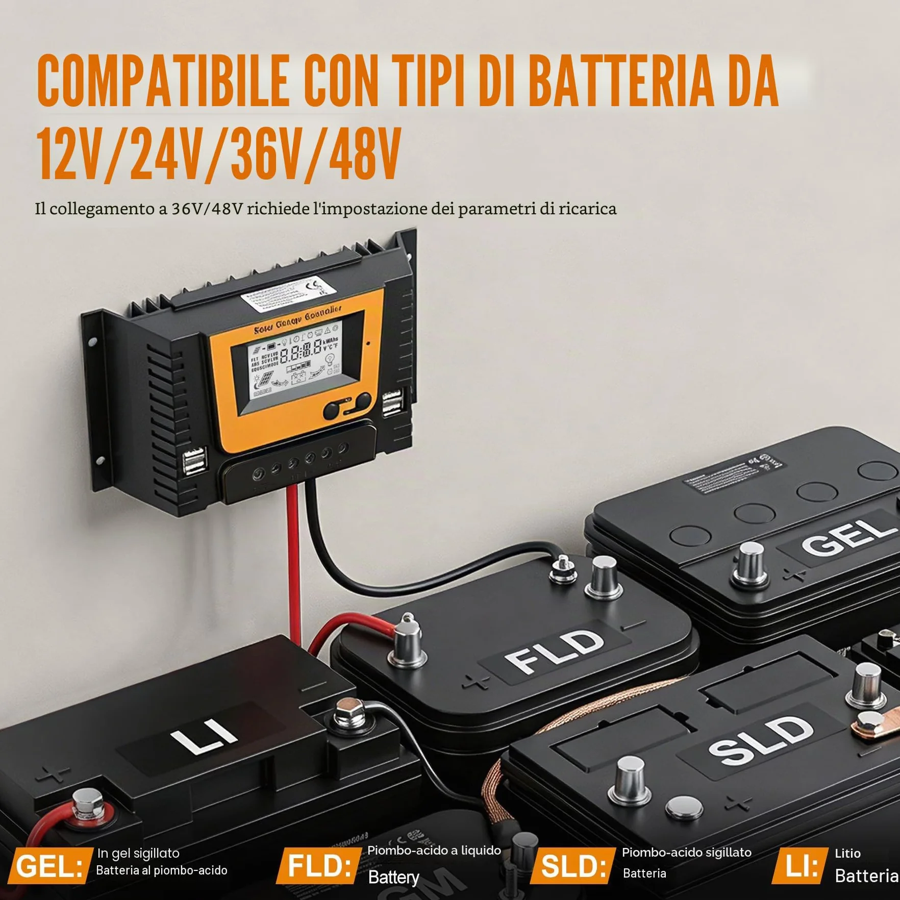 30A Regolatore di Carica Solare 12V 24V 36V 48V Con Bluetooth, PWM 30A Regolatore Carica Solare con sensore temperatura, 4 porte USB, LCD Display, Adatto varie LI SLD FLD GEL AGM Batteria