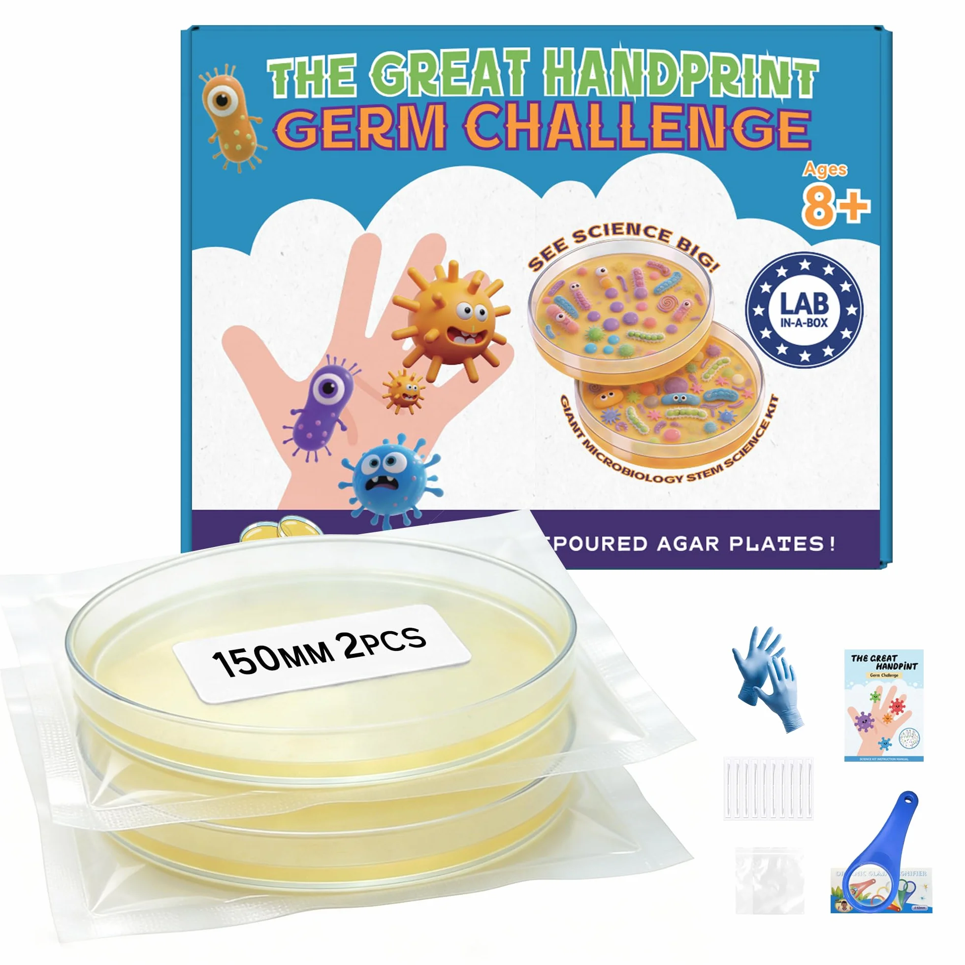 Kit per impronte di batteri per bambini, 2 piastre giganti di agar Petri pre-versate da 150 mm, progetto scientifico per esperimenti di microbiologia, con lente d'ingrandimento e tamponi sterili