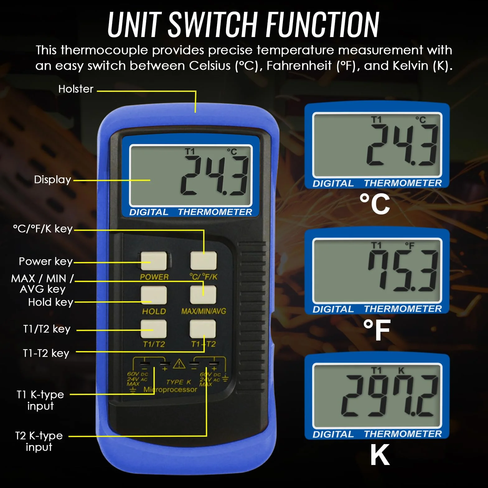 Alta Precisione Digitale Tipo K Termocoppia Termometro (-50~1300°C) con Doppio Canale 4 Sonde (Cablata & Acciaio Inossidabile) Palmare Alta Temperatura Scala Kelvin Metro Tester