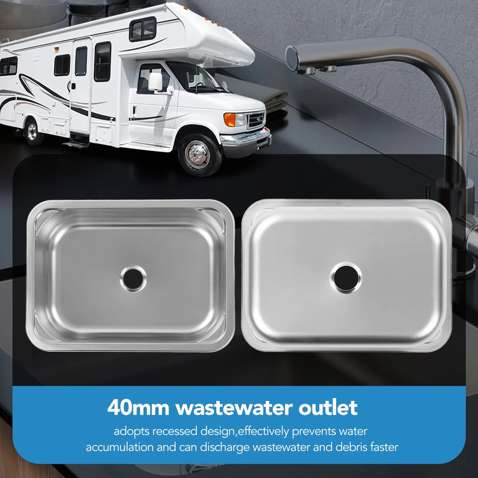 Lavello Quadrato per Camper, Lavello in Acciaio Inox 304 345x245x136mm con Scarico da 40mm per Camper e Yacht