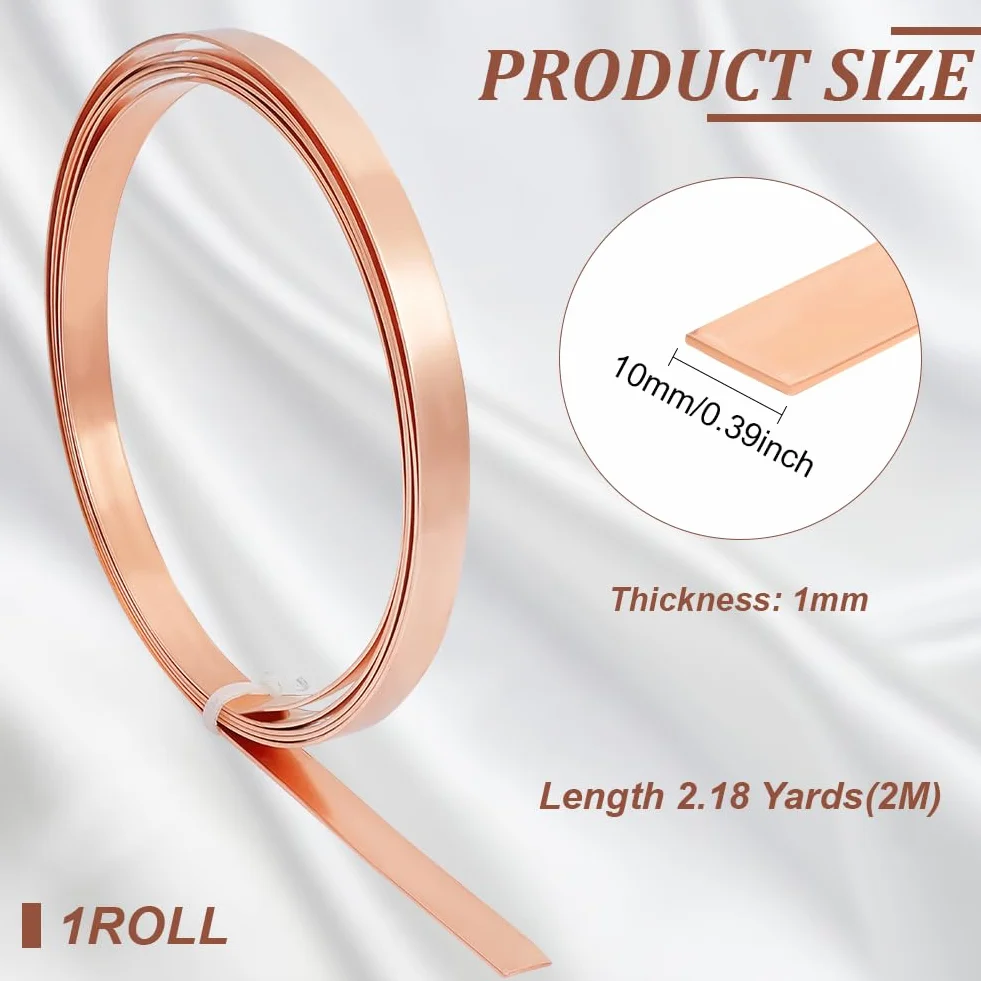 BENECREAT Rotolo di foglio di rame 2000x10x1mm (LxLxT), striscia di rame non placcata, piastra di lamiera lampeggiante in rame per progetti fai da te