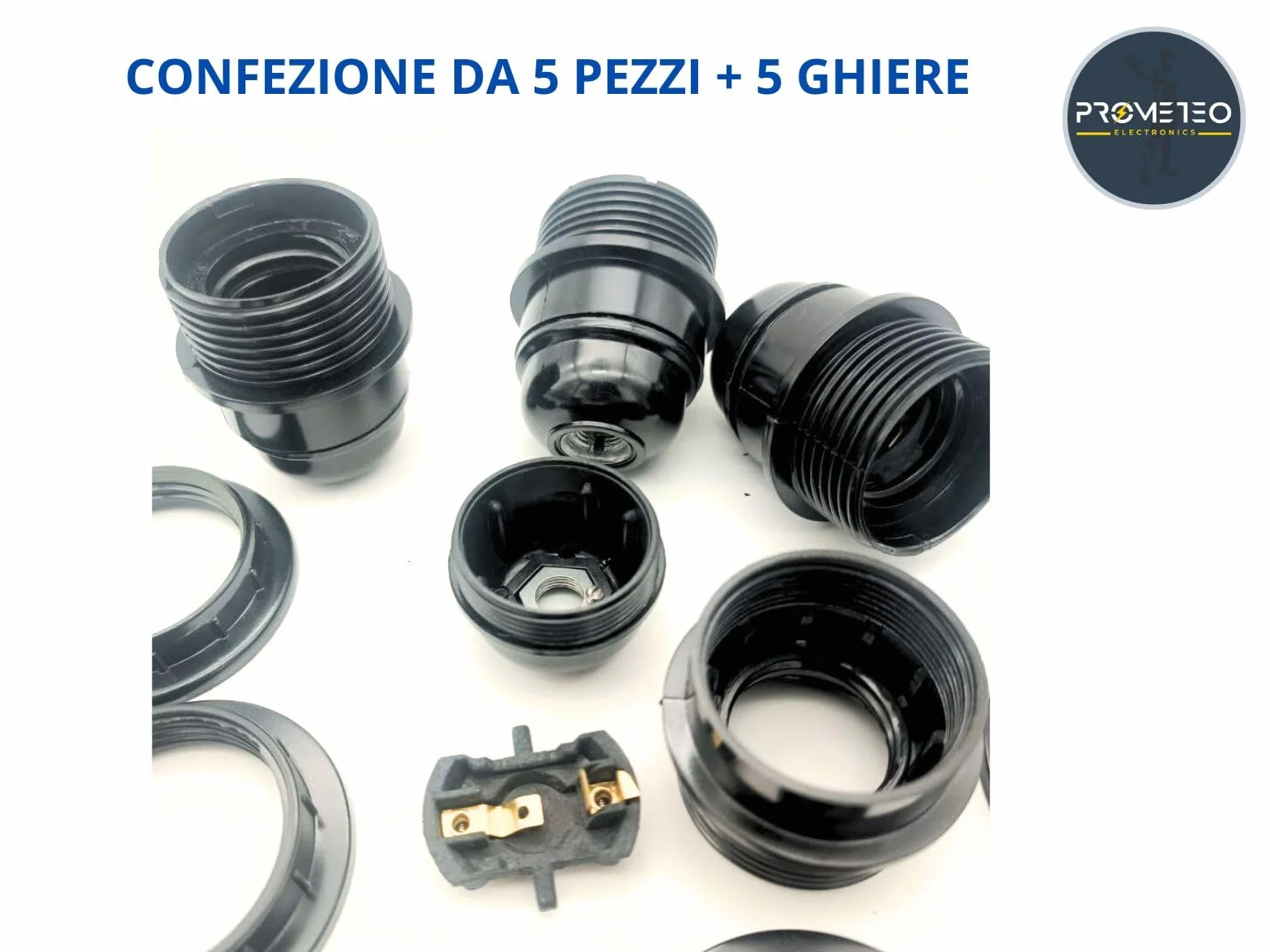 Set 5 Portalampade E27 parzialmente filettato con Nipple di blocco resistenti fino a 180° 4A 250V + 5 ghiere di bloccaggio paralume