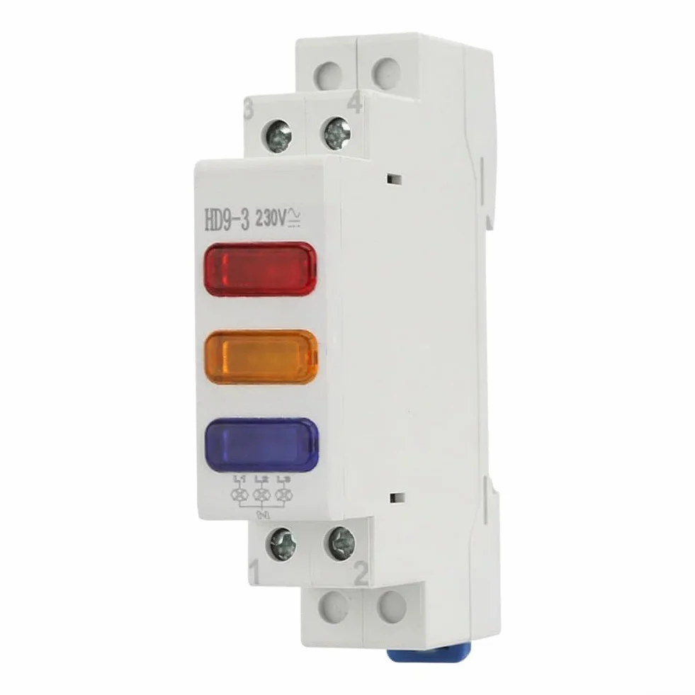 Lampada di segnalazione su guida DIN 230V AC con tecnologia di illuminazione a LED e alloggiamento termicamente stabile per ciclo di lavoro continuo (rosso+giallo+blu)