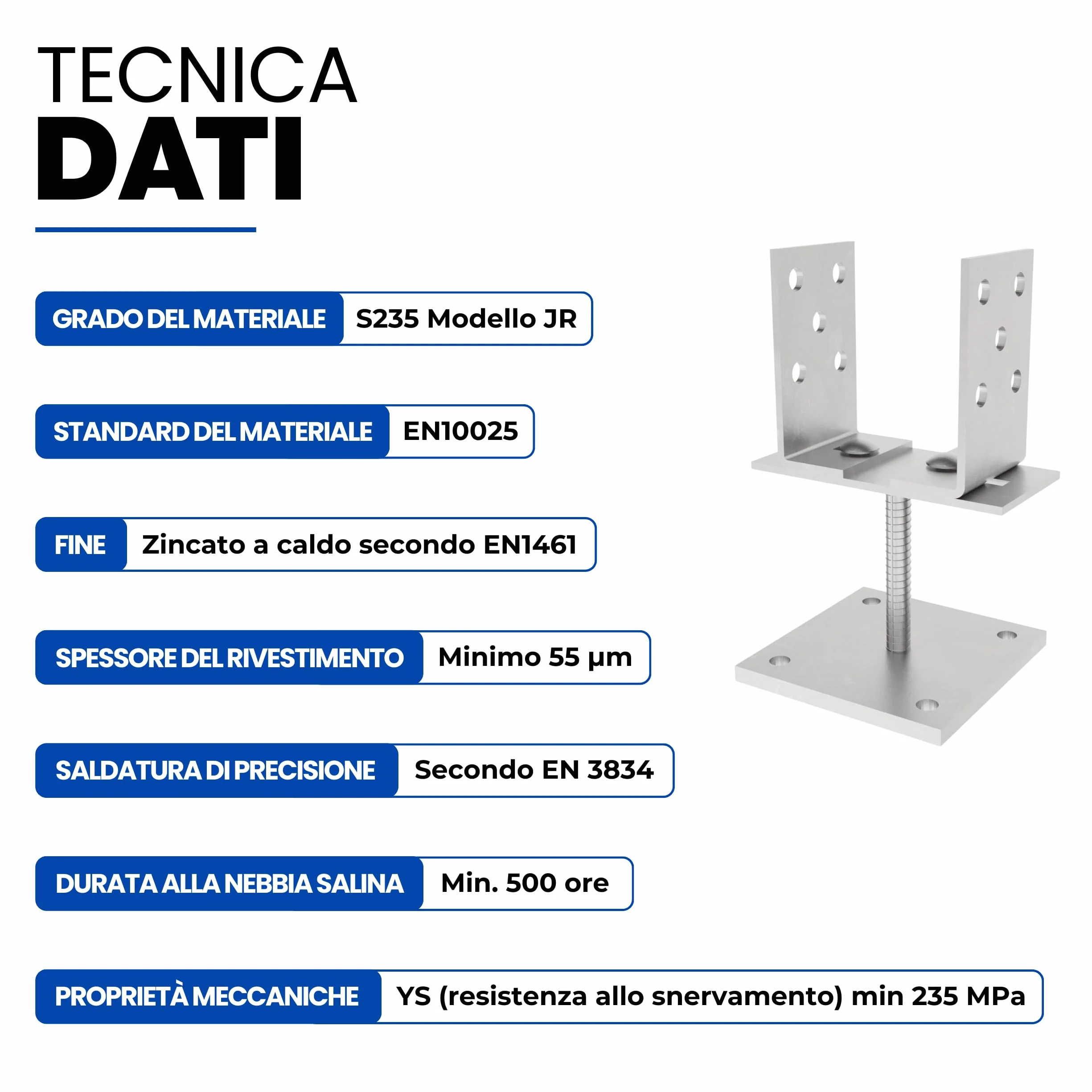 Supporto per Palo a U Regolabile 100x100 mm Zincato Elettroliticamente 0-160 mm