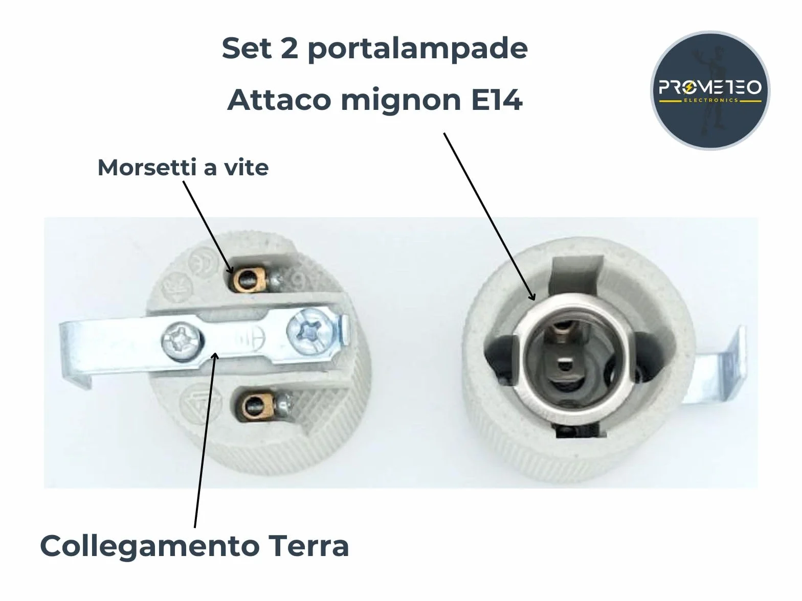 Set 2 portalampade E14 in ceramica porcellana con staffa metallica di fissaggio laterale