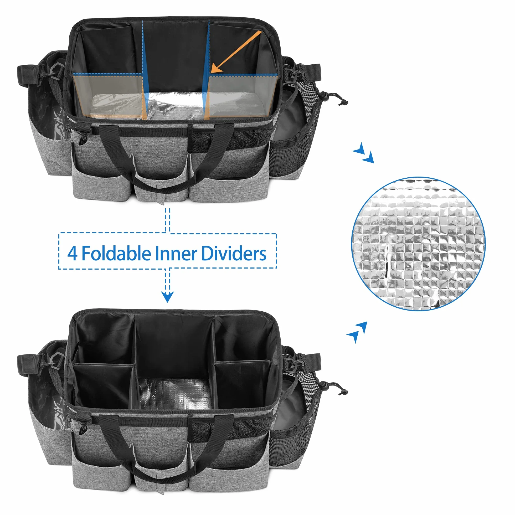LoDridTote Borsa per la pulizia con 4 divisori pieghevoli, organizer portatile per prodotti per la pulizia con manici laterali e tracolla, Grigio, Solo Borsa