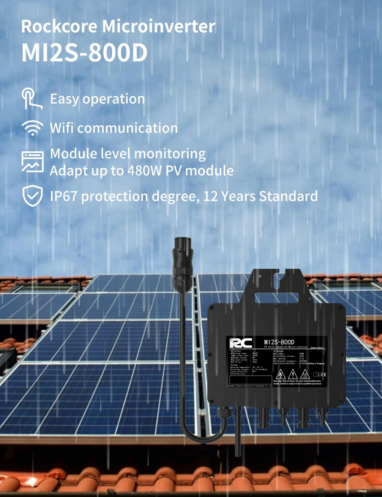 RC Invertere Micro 800W, Certificato CE, Gamma di Ingresso CC 26-60 V, Inverter Solare MPPT, Controllo dell’app tramite Wi-Fi, Adatto per Sistemi Solari su Balconi, IP67