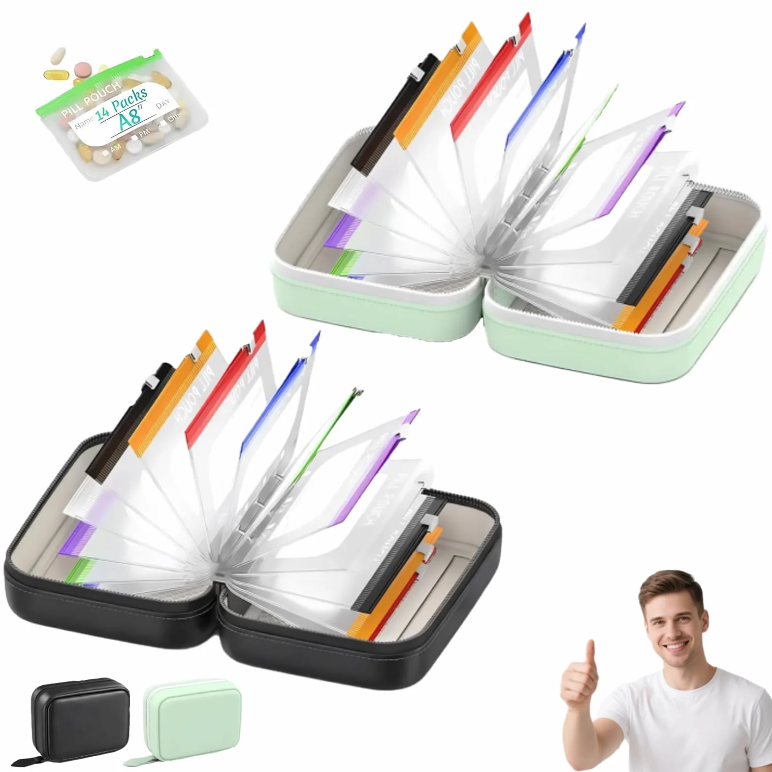 Waterproof Pill Organizer Set 14-Piece Travel Medicine Case Crush-Resistant Zippered Pouch