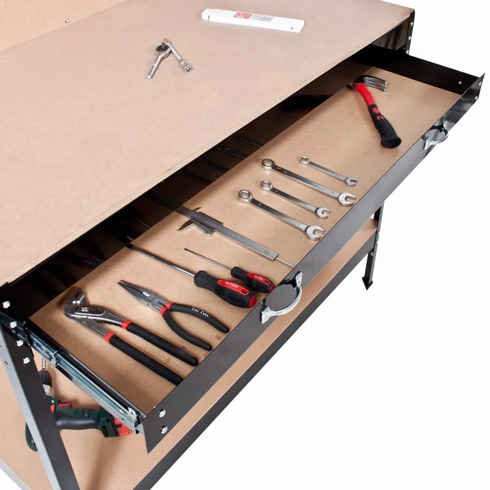 tectake® Banco da lavoro 120x60x156cm, Tavolo ideale per Fai da te, 12 Ganci inclusi, Ampio Cassetto per vari Utensili, Parete con Fori, Spazio per Attrezzi da Lavoro in Garage, Officina, Casa - Nero