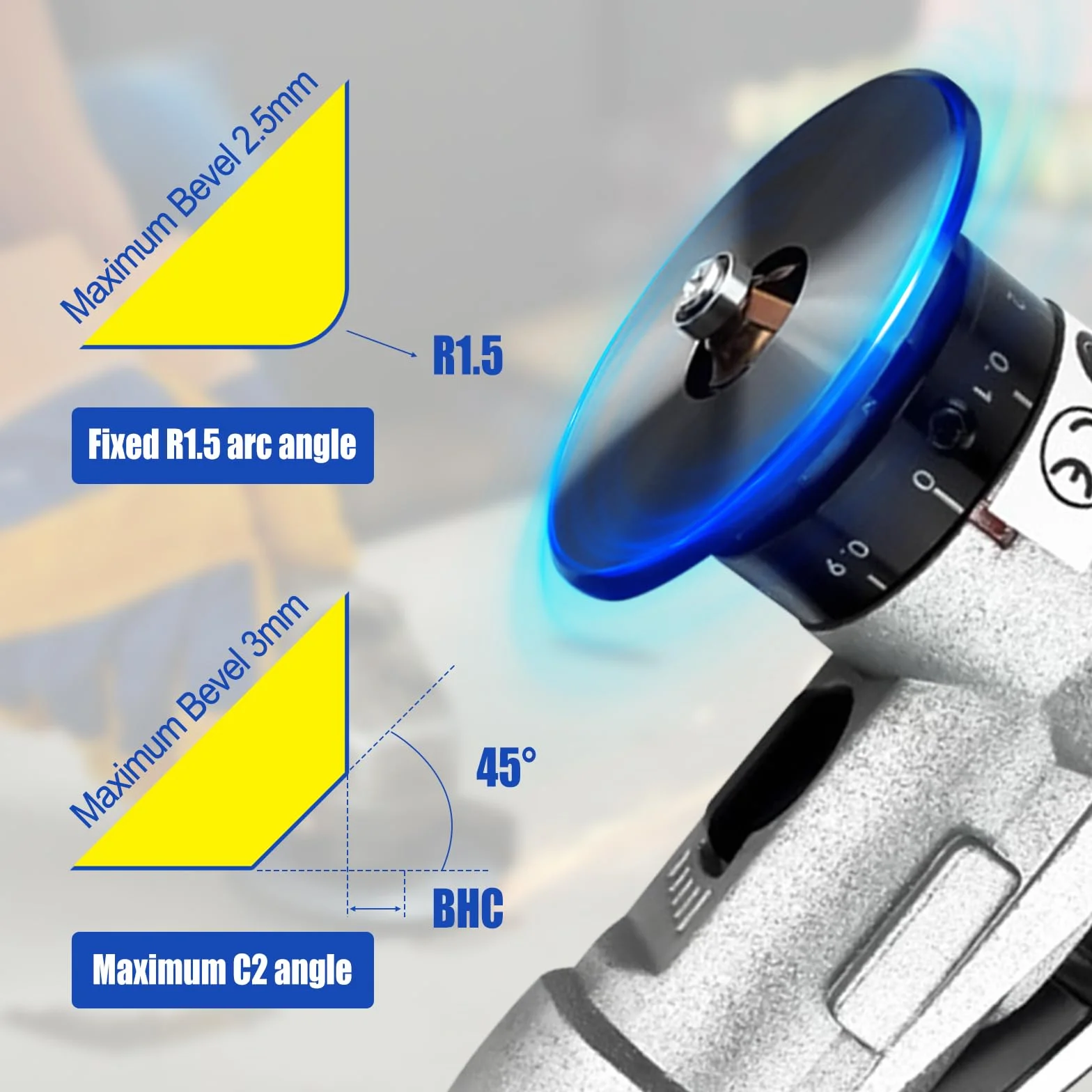Mini macchina pneumatica per smussatura, utensile portatile a 45° per metallo e legno, guscio in lega di alluminio (6 lame R + 6 C)