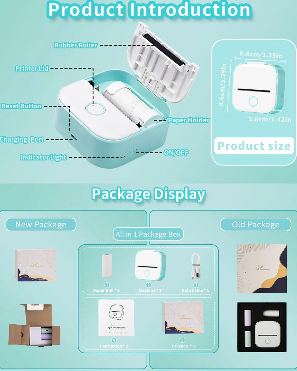 Memoking Mini Stampante Termica - T02 Stampante Termica Portatile Bluetooth Print Pods Portable Mini Printer per Grafici di Studio, l'apprendimento, Appunti di Studio, Diagrammi Anatomici, Foto,Regalo