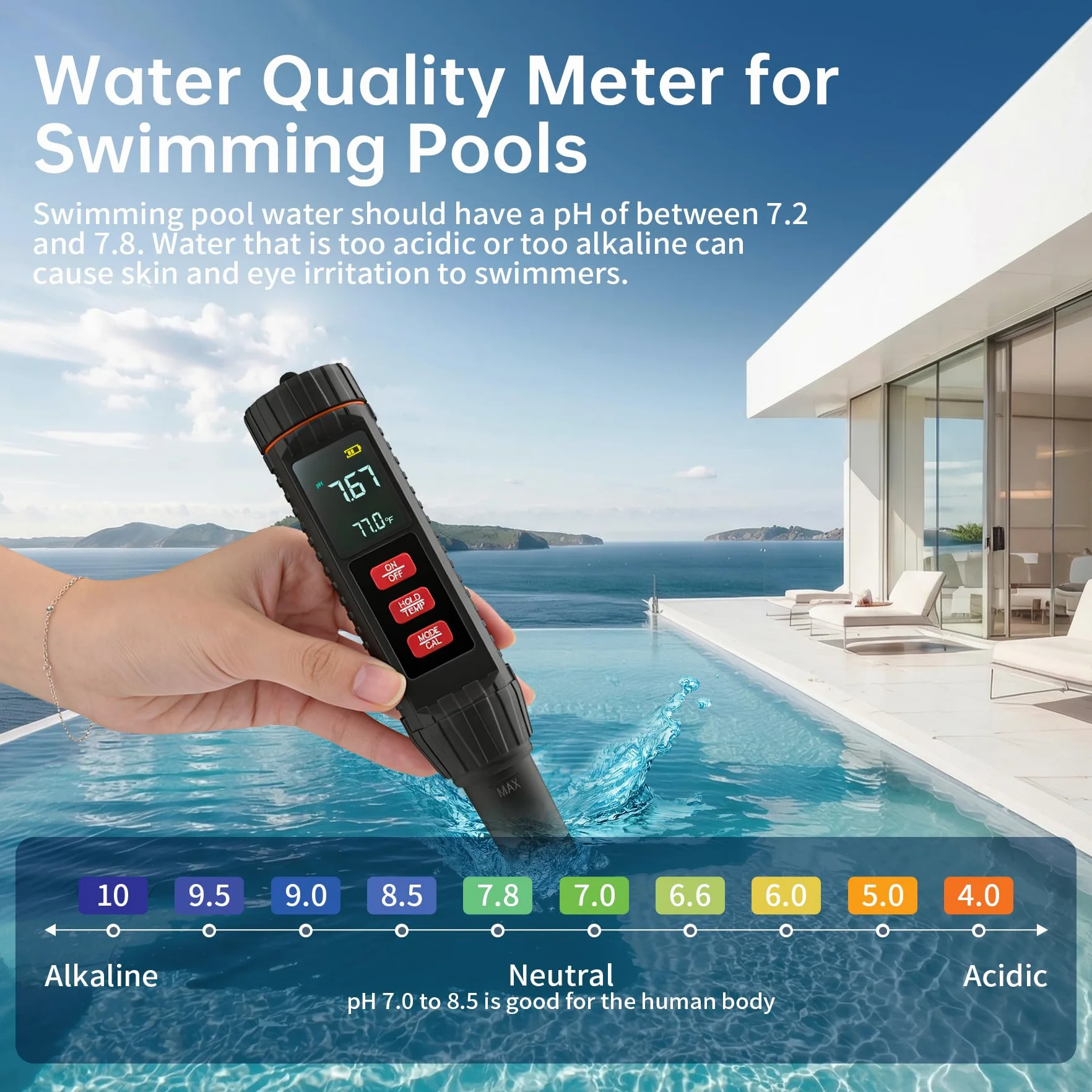 Forever Speed Misuratore pH Acqua 7 in 1, TDS Tester di Acqua pH/TDS/EC/ORP/SALT/S.G./TEMP con Display Retroilluminato, pH Metro Digitale per Acqua Potabile, Piscina, Acquacoltura marina, Acquario
