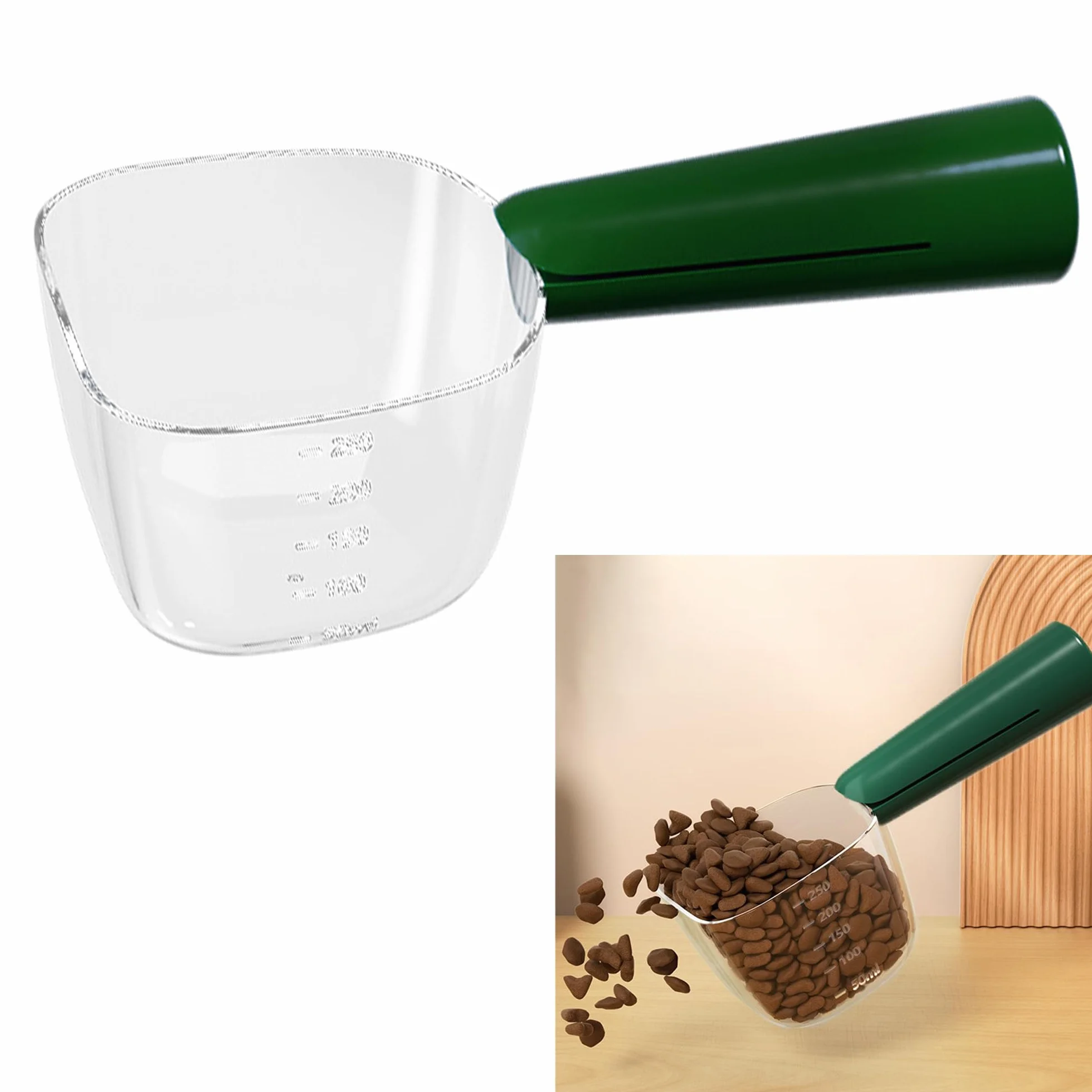 Dosatore Crocchette Per Cani Misurino Paletta Cibo - Verde, 1 Pezzo, Secco e Gatti Cucchiaio di Misurazione con Clip, Bilancia da Cucina, Dispensatore Animali Domestici