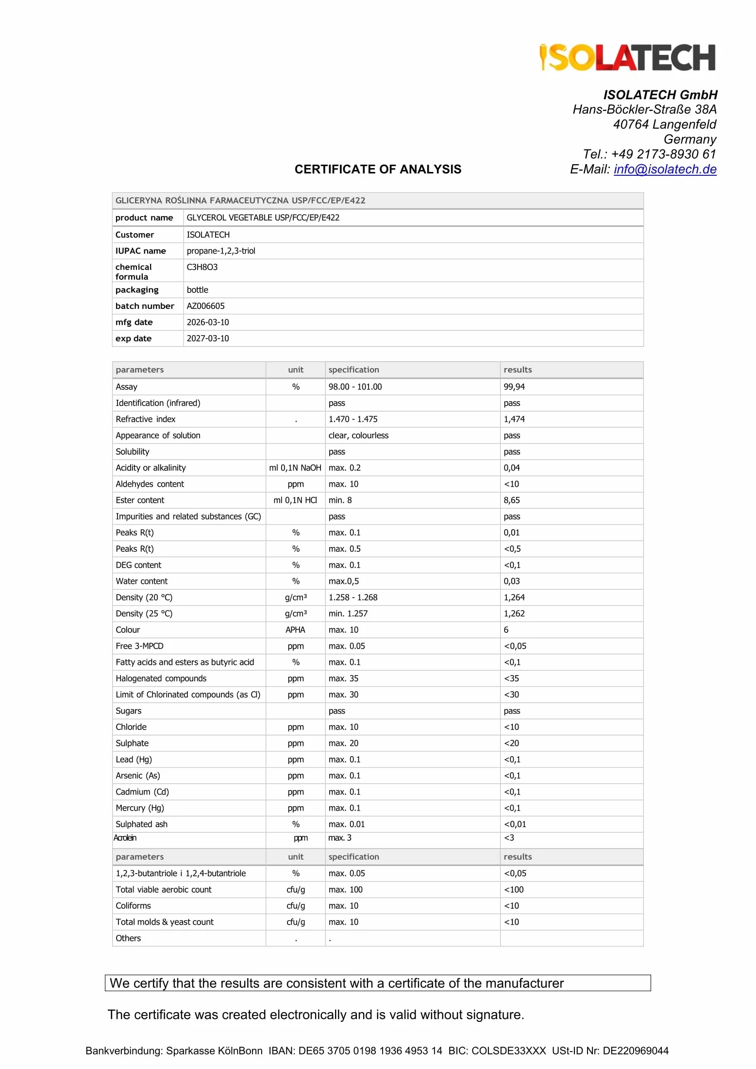 Glicerina 99,5% Grado Farmaceutico Vegetale Pura 5L (6kg)