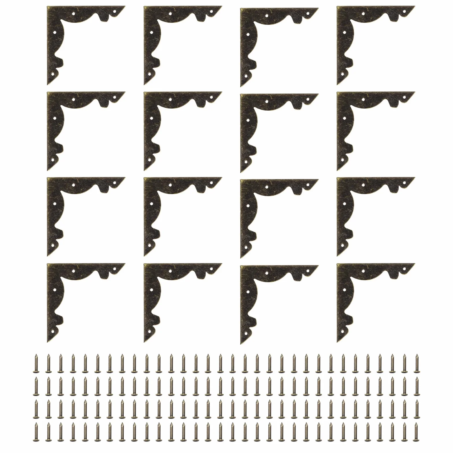 QUARKZMAN 16pz Protezione Angolare Vintage 2,3"x2,3"x0,6" Decorativo in Metallo Angolo Protettori Staffe con Chiodi di Montaggio per Scatola in Legno Cassa Tavolo Scrivania Bronzo