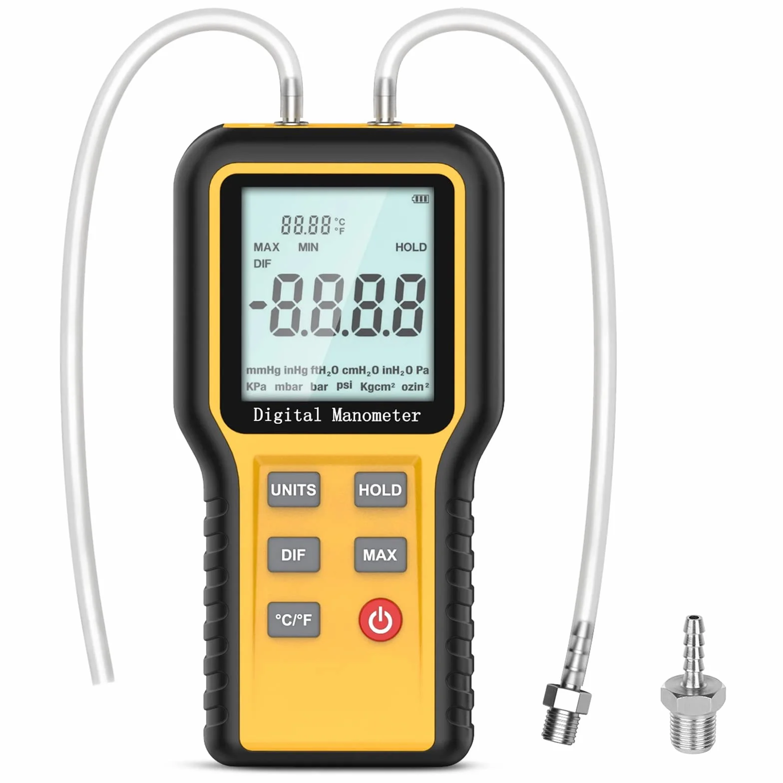 Manometro Digitale Palmare Professionale Manometro Differenziale Digitale per Gas Tester di Pressione del Gas HVAC Manometri Portatile con Connettore a Doppio Tubo, Ampio Display LCD e 12 Unità di