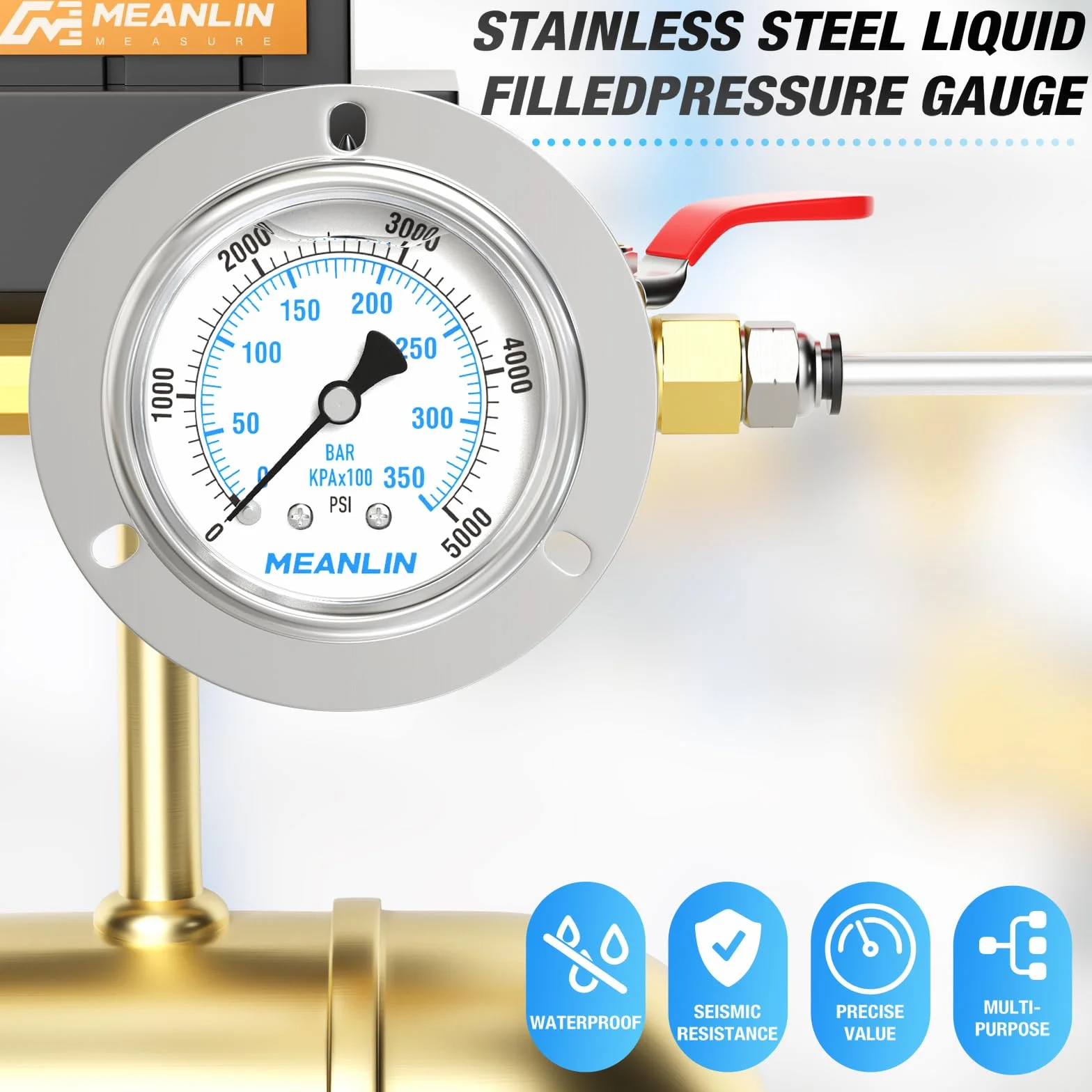 MEANLIN MEASURE 0~350BAR/0~5000PSI Manometro riempito di liquido Montaggio a pannello della flangia anteriore, 1/4" BSP 2.5"FACE DIAL Cassa in acciaio inox con vite e dado Phillips, +/-3-2-3%
