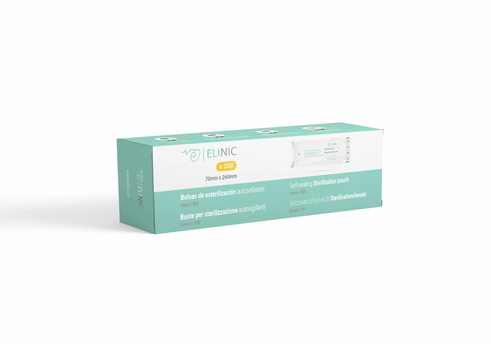 Sacchetti autoadesivi per sterilizzazione a vapore e EtO 200 pezzi (70 x 260 mm)