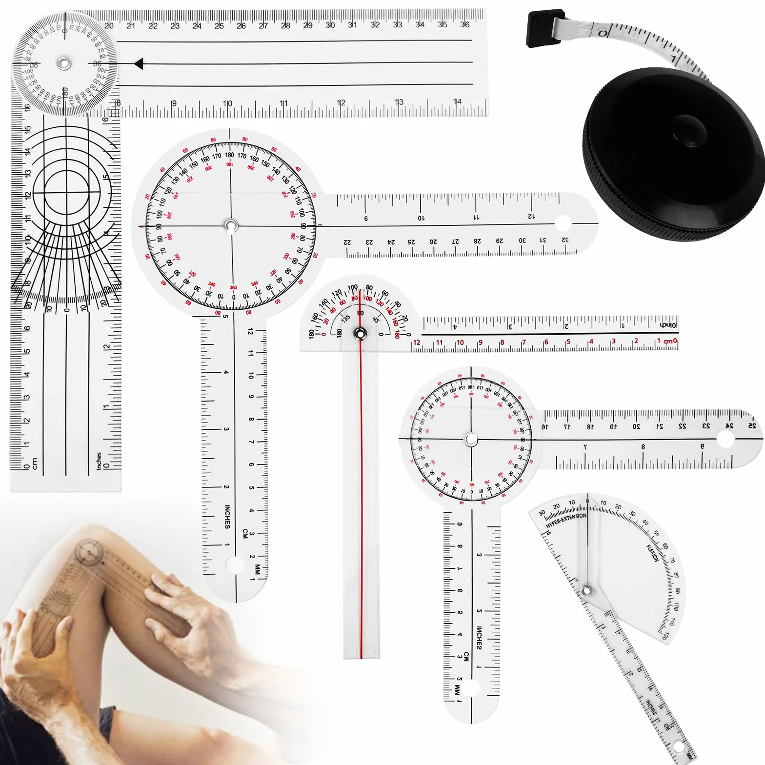 Set di 6 goniometri da 20,3 cm, 15,2 cm, 180, 360, dito, spinale, metro a nastro, goniometro per dita della colonna vertebrale, per misurazione del corpo, goniometro e righello