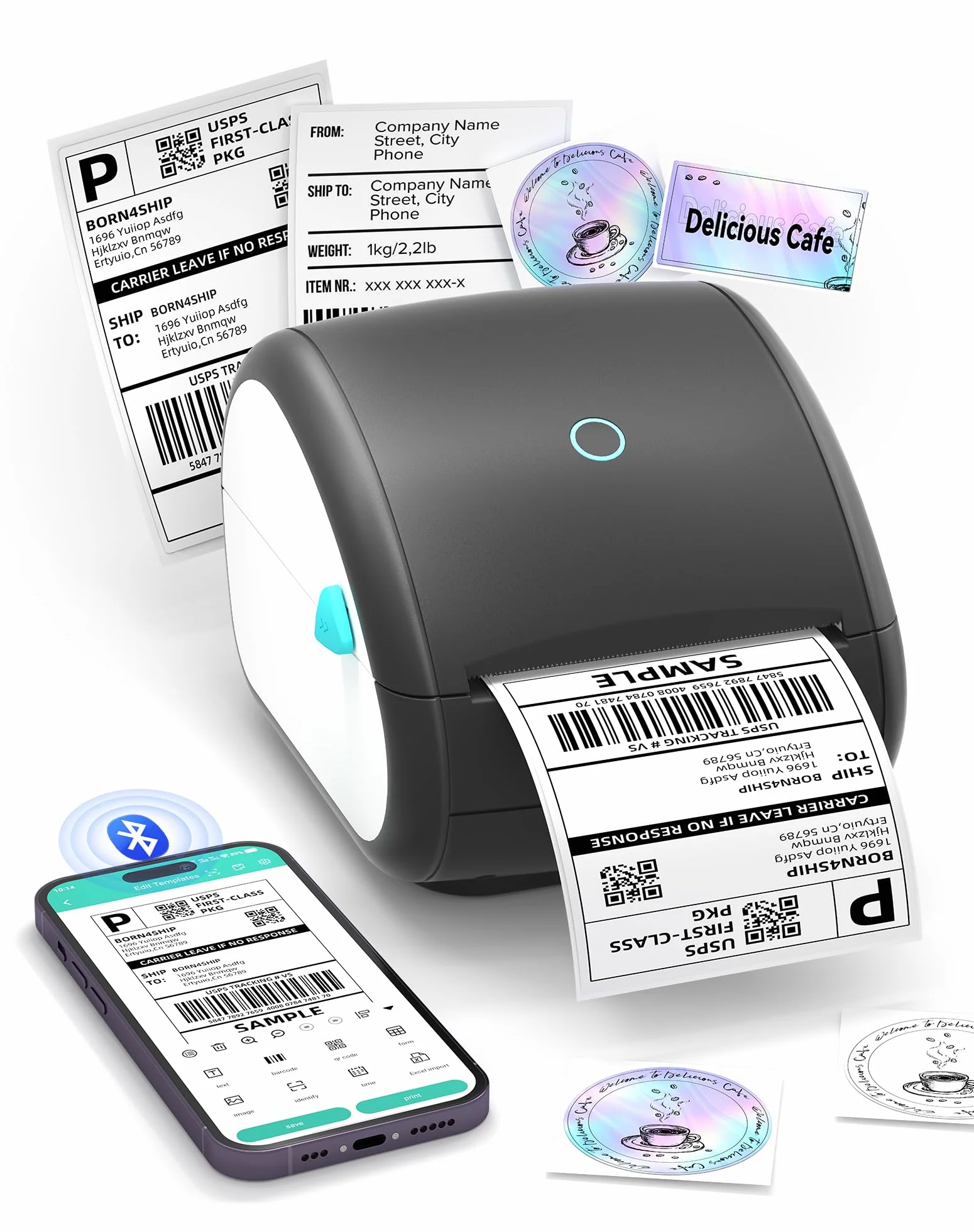 Stampante per Etichette Bluetooth, Stampante per Etichette di Spedizione, 4 x 6 Stampante Termica Stampante Etichette Label Printer Macchina Compatibile con Etsy,DPD, Ups, Otto, DHL