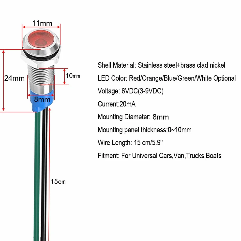 Gebildet 5pcs 8mm 3V-4.5V-5V-6V-7.5V-9V LED Indicatore Luminoso in Metallo Lampada di Segnalazione Impermeabile con Filo (Rosso/Arancione/Blu/Verde/Bianco)