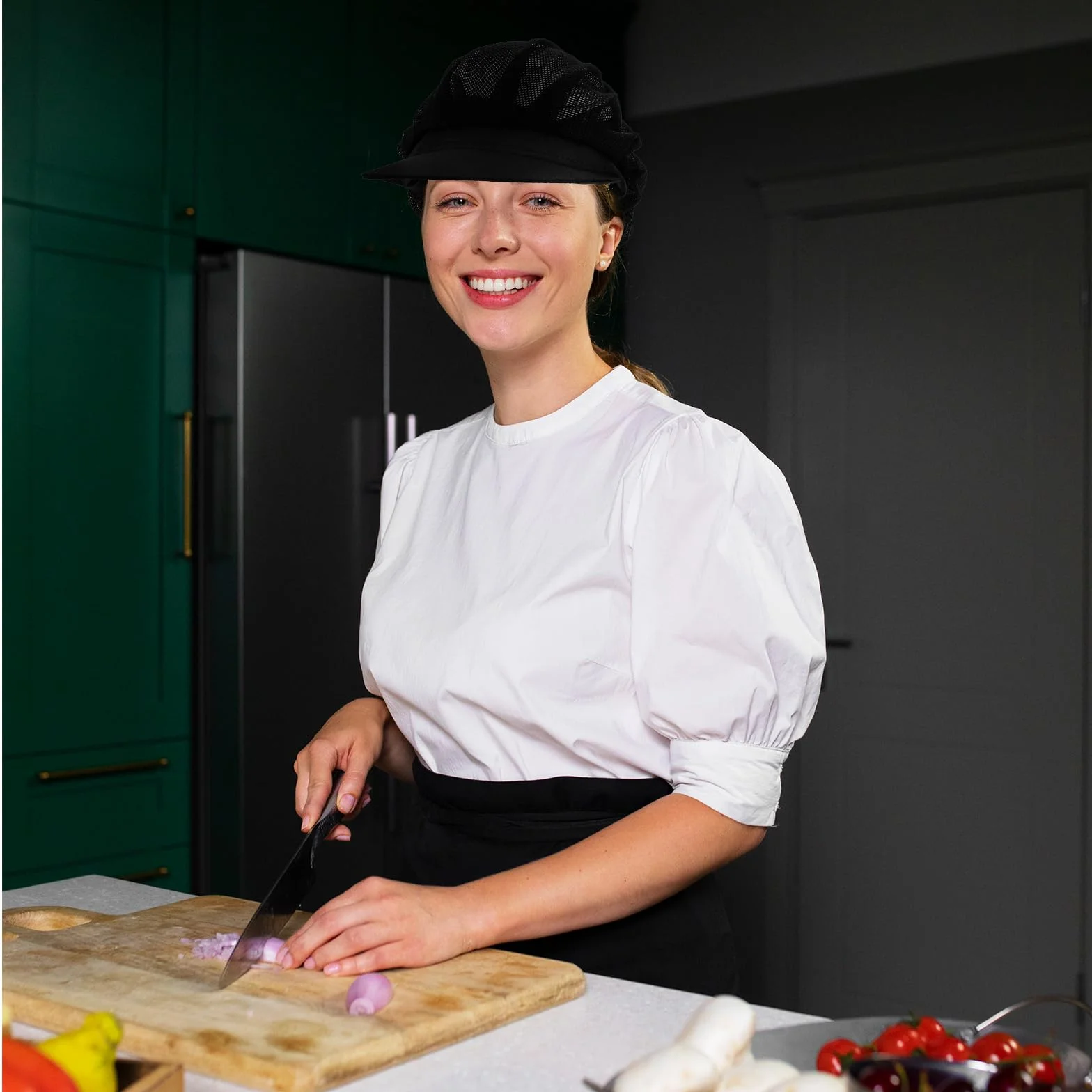 Telooco 2 Pezzi Cappello da Cuoco Regolabile Traspirante Nero con Tesa per Ristorante Chef