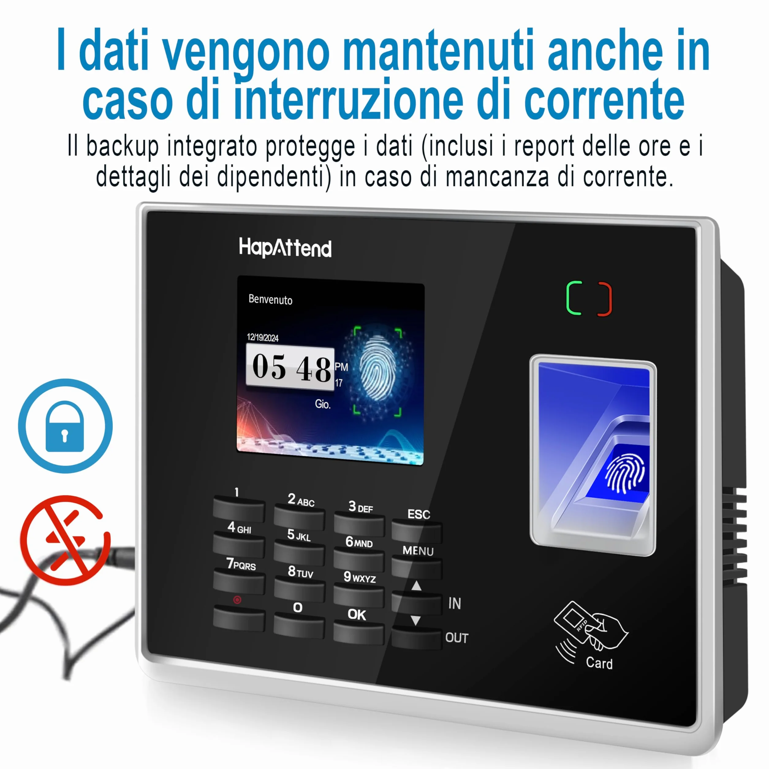 Rilevatore presenze, HapAttend Italiano timbracartellini dipendenti con impronte digitali e 5 badge RFID, H2 timbratrice presenze dipendenti Checking-in registratore orologio tempo per piccole imprese