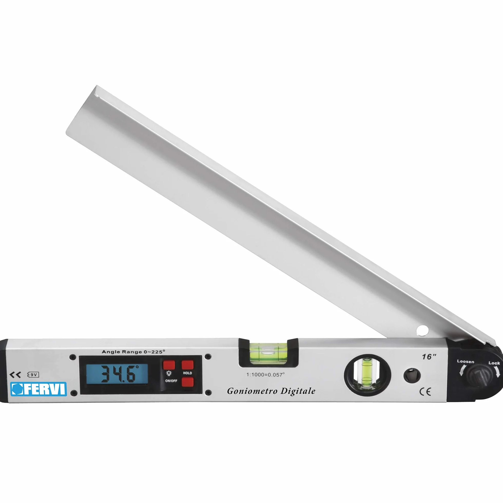 Fervi Goniometro Digitale con Livella 2 Fiale Calcolo Angoli Display LCD HOLD Precisione 0.5° Batteria 9V