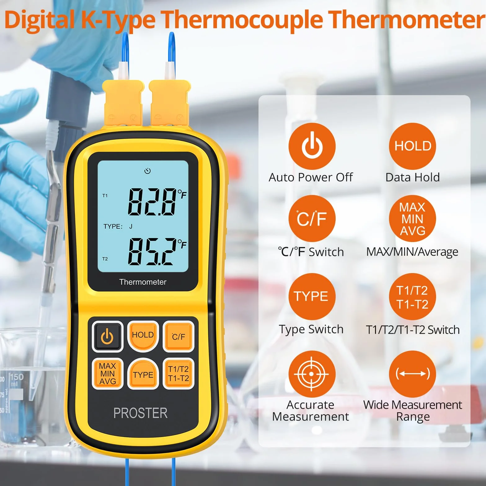 Proster Termometro Digitale a Doppio Canale Tipo K -200~1372°C LCD Retroilluminato con Due Termocoppie