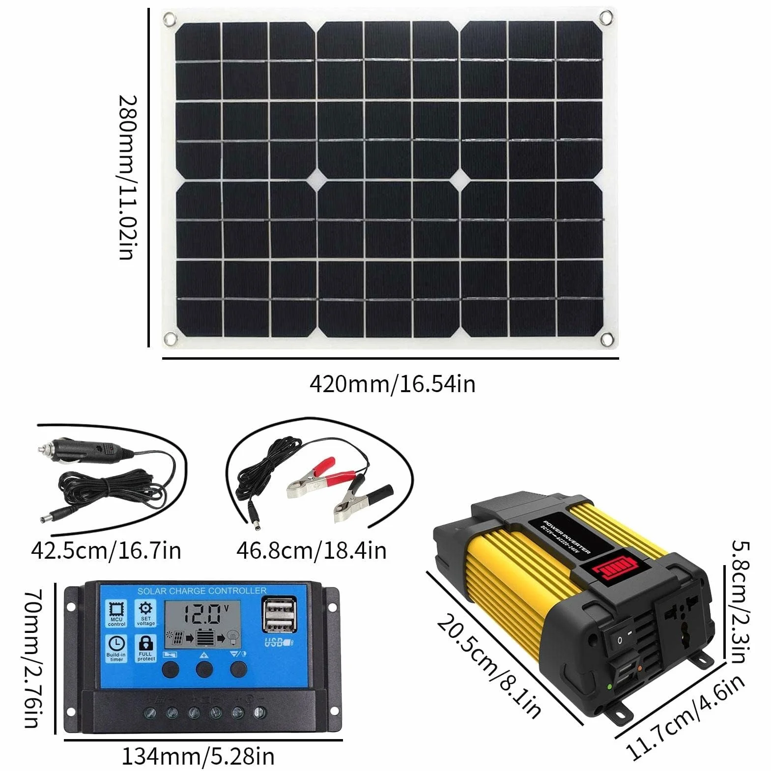 Impianto solare completo 4000 W, kit indipendente dalla rete, 1 inverter con morsetto per batteria + pannello solare 18 W, 18 V, 18 V, regolatore