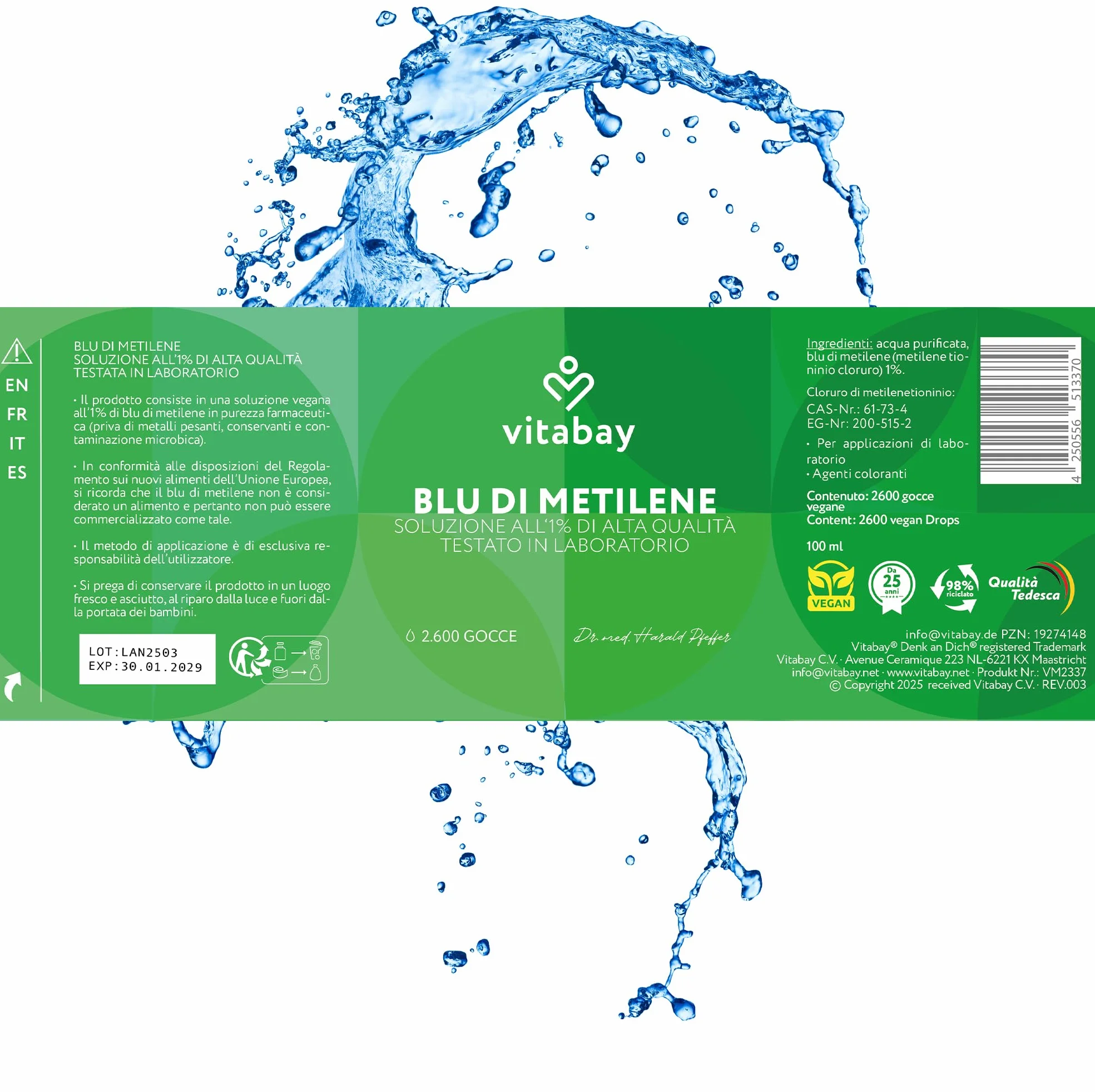 Vitabay Blu di Metilene 100 ml – Soluzione Methylene Blue all’1% Qualità USP Ad Alta Purezza