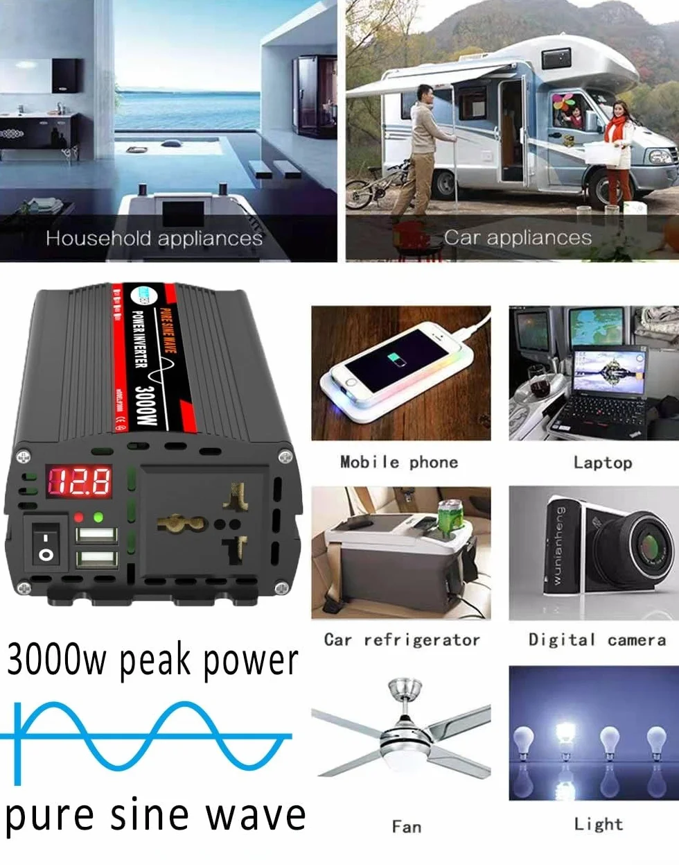 Soluzione energetica sostenibile Inverter a onda sinusoidale pura da 3000 W, ideale per avventure all'aperto (24 V 220 V)