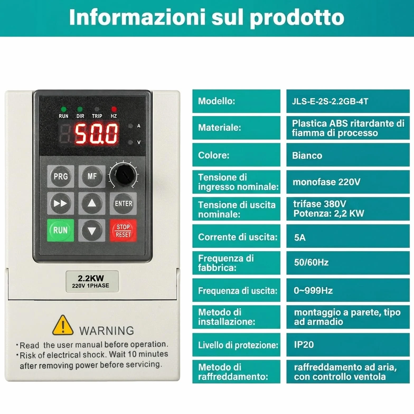 inverter per motori 230 380 Ingresso monofase 220V Uscita trifase 380V 2,2KW Inverter di frequenza CNC Inverter di frequenza Modello di fabbrica JLS-E-2S-2,2GB-4T (con cavo di estensione 2m)
