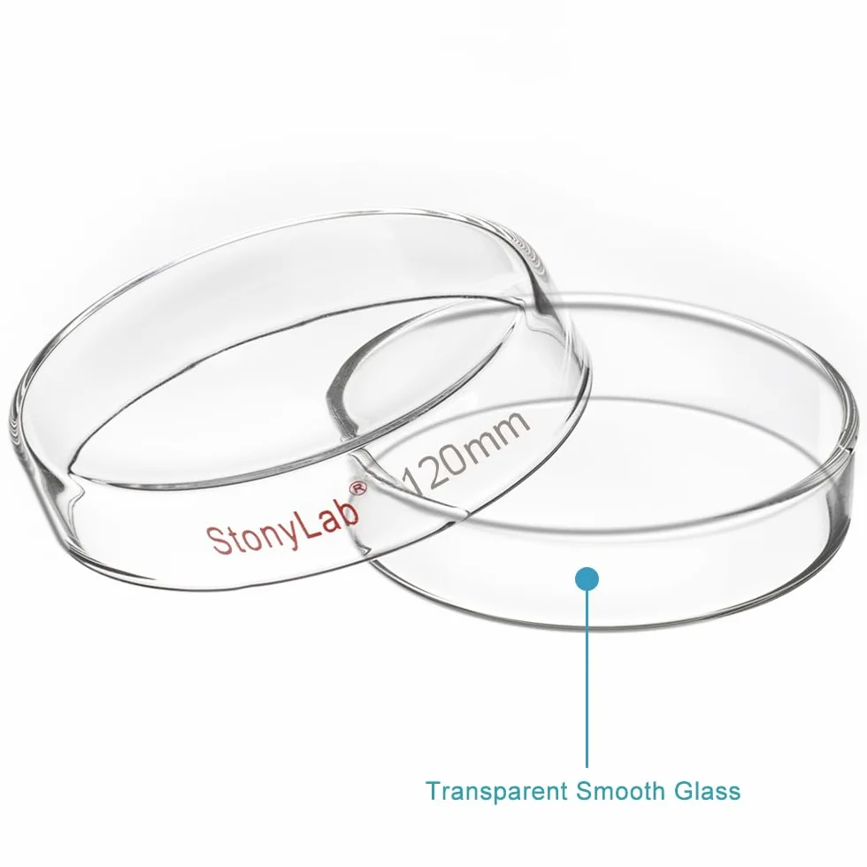 stonylab Piastra di Petri in Vetro con Coperchio, Confezione da 5 Vetro Borosilicato Piatto per Colture Cellulari Piastra di Petri Autoclavabile Trasparente per Laboratorio, 120x25 mm