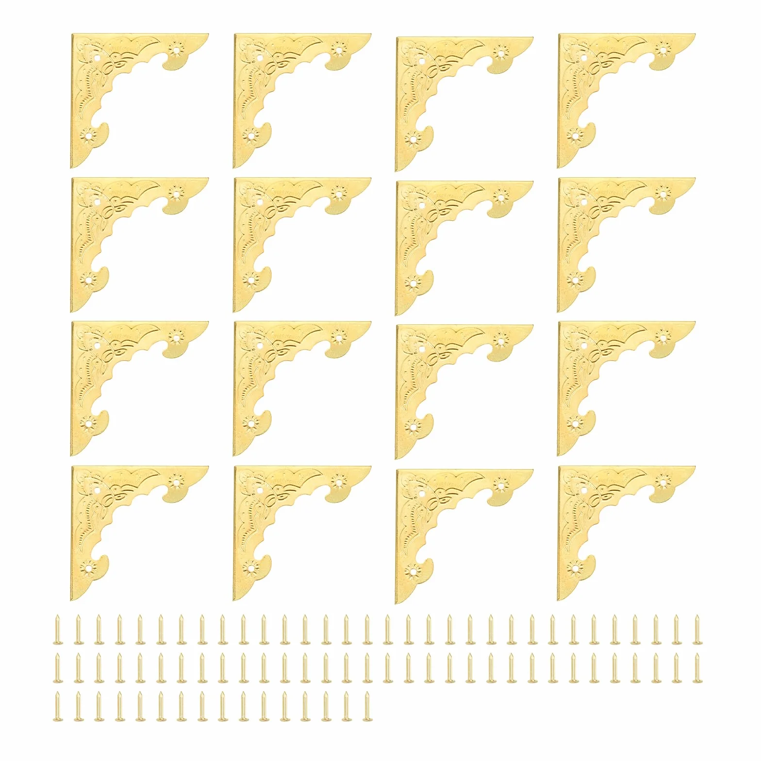 QUARKZMAN 30pz Protezione Angolare Vintage 1,6"x1,5"x0,2" Decorativo in Metallo Angolo Protettori Staffe con Chiodi di Montaggio per Scatola in Legno Cassa Tavolo Scrivania Giallo