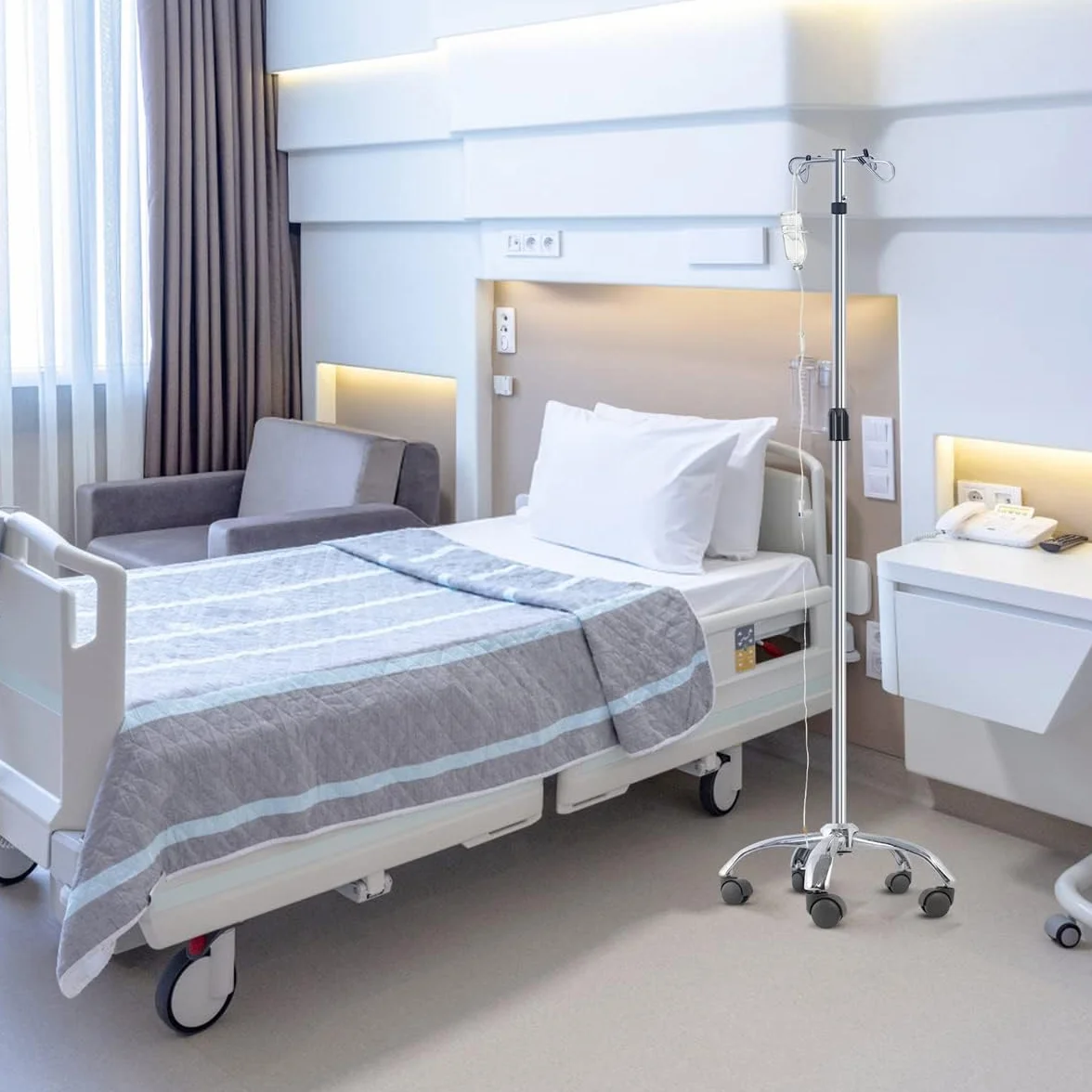 Aste Portaflebo, Aste Mediche Portaflebo,Asta Per Flebo,Asta Flebo, con 4 Ganci in Acciaio 5 Ruote con freno, 304 Acciaio Inossidabile, Resistente